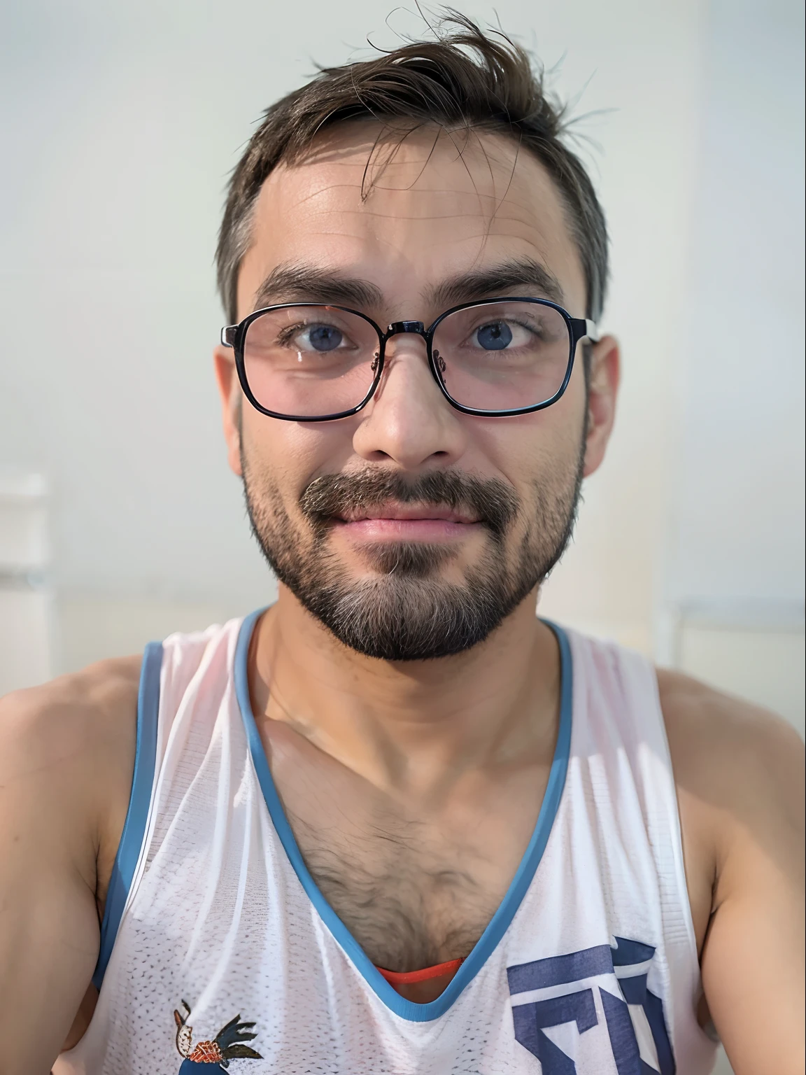 Bearded, muscular, round glasses