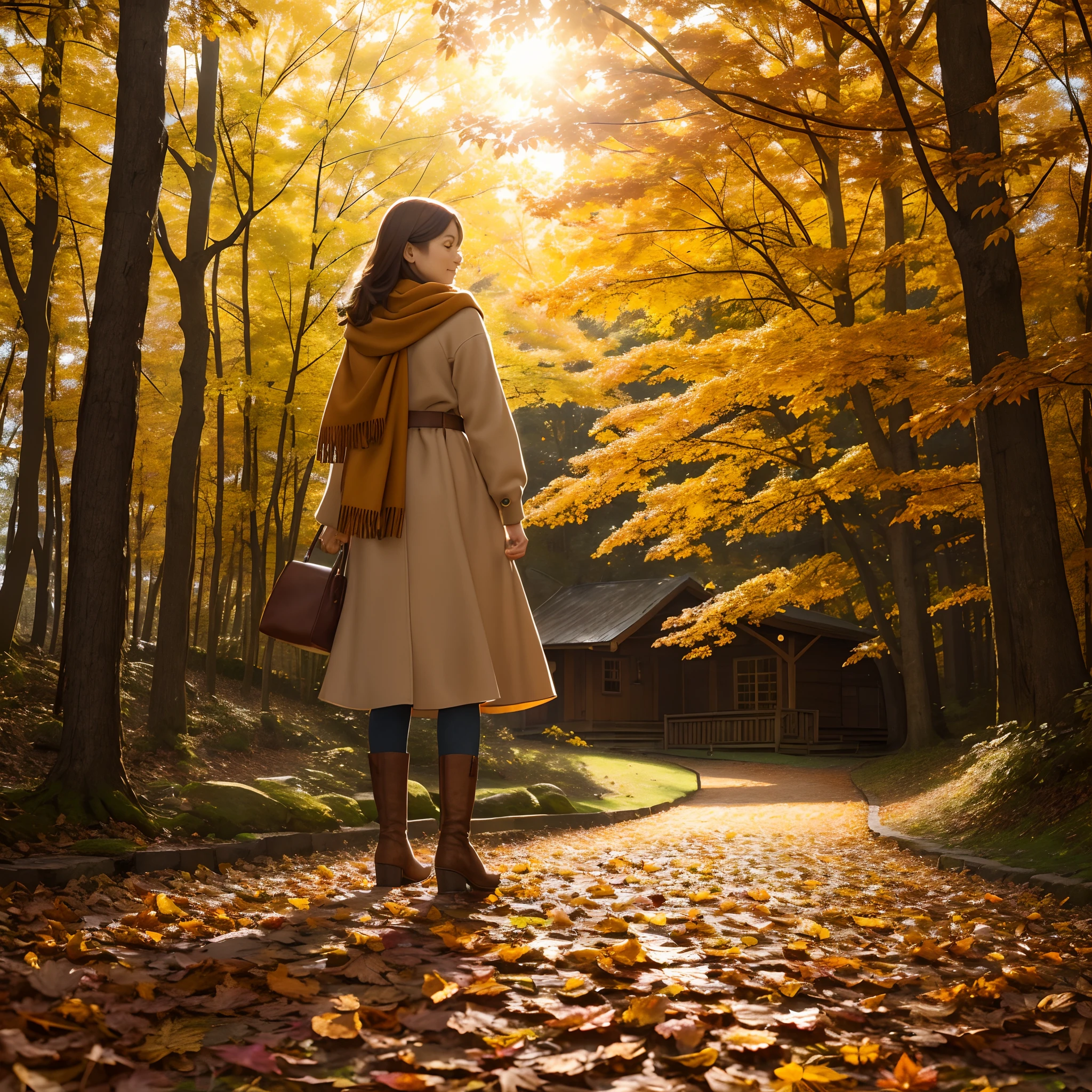 (Best quality,4K,8K,A high resolution,Masterpiece:1.2),Ultra-detailed,(Realistic,Photorealistic,photo-realistic:1.37),Beautiful autumn holidays,Girl in the garden,tranquil ambiance,fall foliage,Cozy atmosphere,warm sunlight,Golden leaves,Fresh air,Rustic wooden bench,Autumn flowers,Cascading vines,Autumn scarf,Soft sweater,Boots step on fallen leaves,A faint hot cocoa flavor,The faint rustle of leaves,Quiet moments,a serene smile,quiet contemplation,Whisper style,Gently swirling leaves,The delicate sun shines through the woods,Blissful leisure,autumn sunlights,Fantastical Atmosphere,A peaceful retreat,Harmony with nature,perfect setting,autumn color palette,amber hues,Subtle oranges and yellows,A touch of red and brown,A peaceful retreat,Serene expression,(Harvest bounty),Abundant nature,Vivid colors,Soft shadows,autumn light