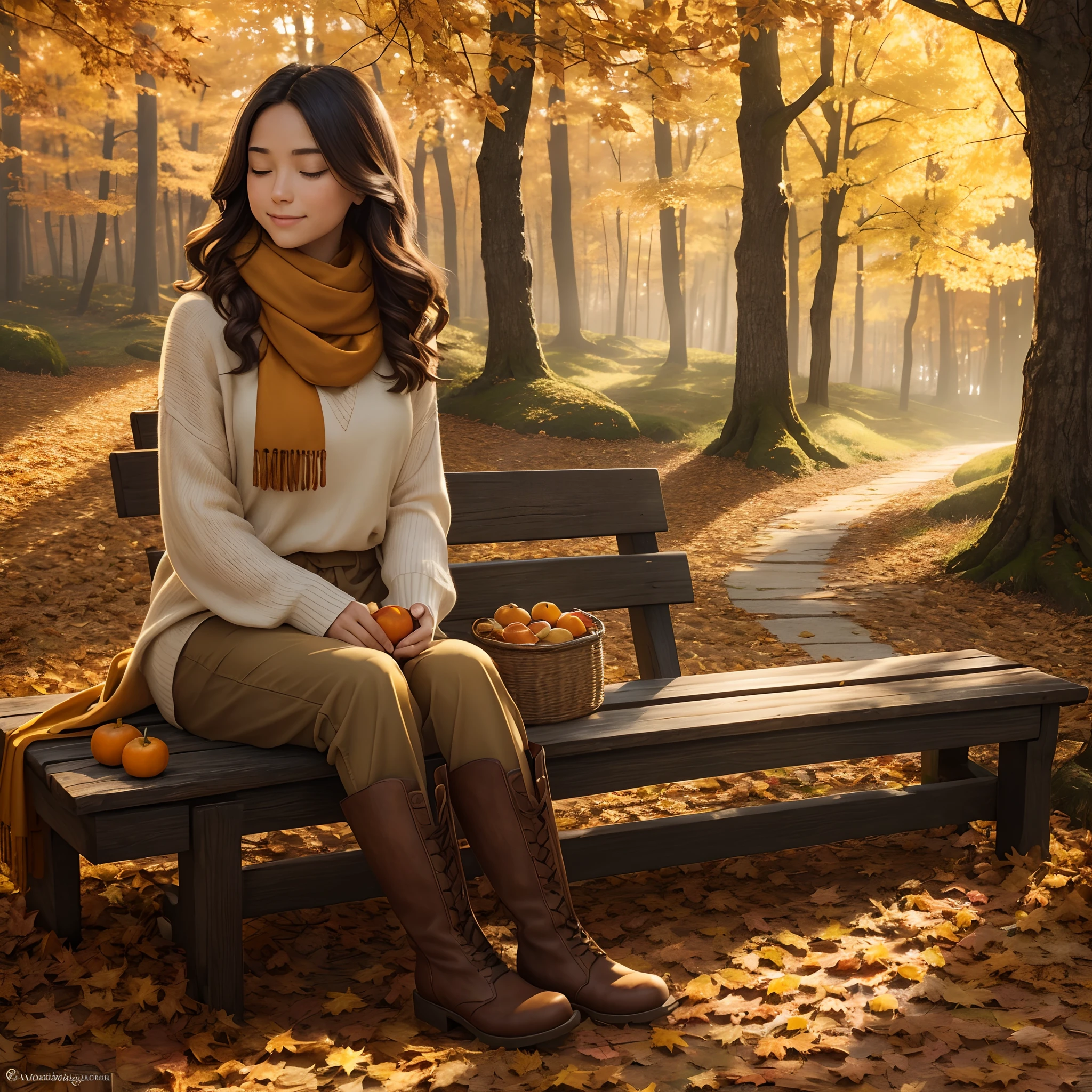 (Best quality,4K,8K,A high resolution,Masterpiece:1.2),Ultra-detailed,(Realistic,Photorealistic,photo-realistic:1.37),Beautiful autumn holidays,Girl in the garden,tranquil ambiance,fall foliage,Cozy atmosphere,warm sunlight,Golden leaves,Fresh air,Rustic wooden bench,Autumn flowers,Cascading vines,Autumn scarf,Soft sweater,Boots step on fallen leaves,A faint hot cocoa flavor,Faint rustle of leaves,Quiet moments,a serene smile,quiet contemplation,Whispering style,Gently swirling leaves,Delicate sunlight through the trees,Blissful leisure,autumn sunlights,Fantastical Atmosphere,A peaceful retreat,Harmony with nature,perfect setting,autumn color palette,amber hues,Subtle oranges and yellows,A touch of red and brown,A peaceful retreat,Serene expression,Harvest bounty,Abundant nature,Vivid colors,Soft shadows,autumn light