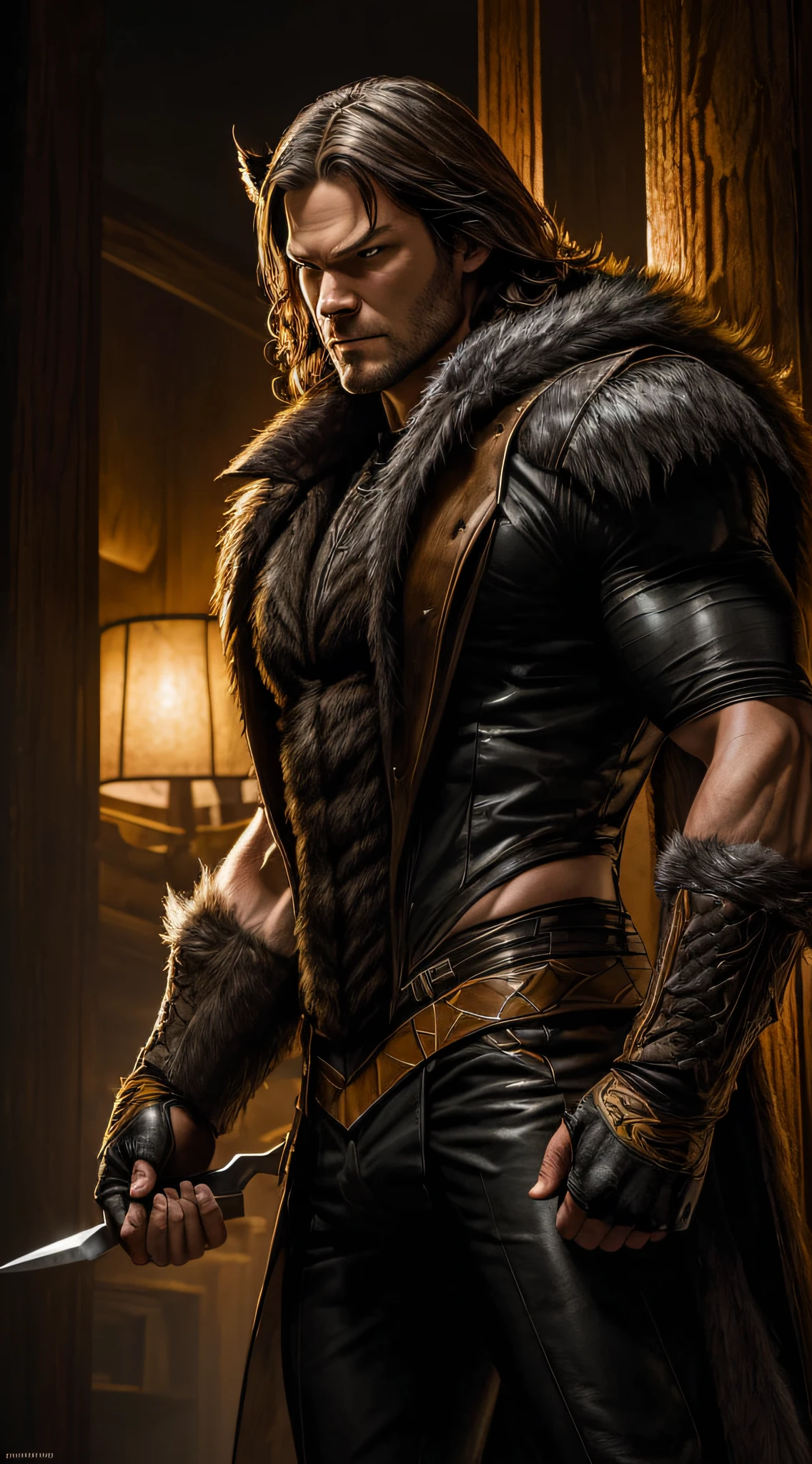 actor ((Jared Padalecki)) as ((Sabretooth)) from Marvel universe, (angry), muscular, wool, fur, (sharp and fanged teeth), (long claws), black and yellow supervillian suit, in the wood, intricate, high detail, sharp focus, dramatic, photorealistic painting art by greg rutkowski