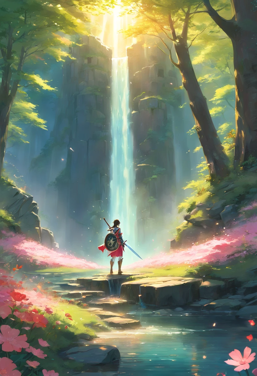 (best quality,masterpiece:1.2),ultra-detailed,(painting), studio lighting, ultra-fine painting, physically-based rendering, extreme detail description, professional, vivid colors, bokeh, oil painting, fairy tale, realistic, dream-like, enchanting atmosphere, magnificent castle in the distance, majestic trees, golden rays of sunlight streaming through the branches, sparkling waterfall, pink and red flowers blooming, gentle breeze rustling the leaves, mythical creatures hidden in the shadows, moss-covered stones, romantic atmosphere, magical, ethereal, mysterious, knight wearing shining armor in distance, knight holding a sword and shield, determination in his eyes, love in the air, knight in the forest in search of his true love, pallet knife and brush strokes adding texture and depth to the painting, warm color palette with shades of, gold, and pink, soft, diffused lighting casting a romantic glow over the scene.