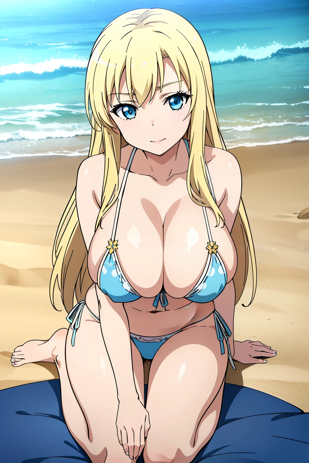 Seina Kashiwazaki, 1girl in, Blonde long hair, hair adornments, (huge breast), Light blue micro bikini, (all for), sand beach