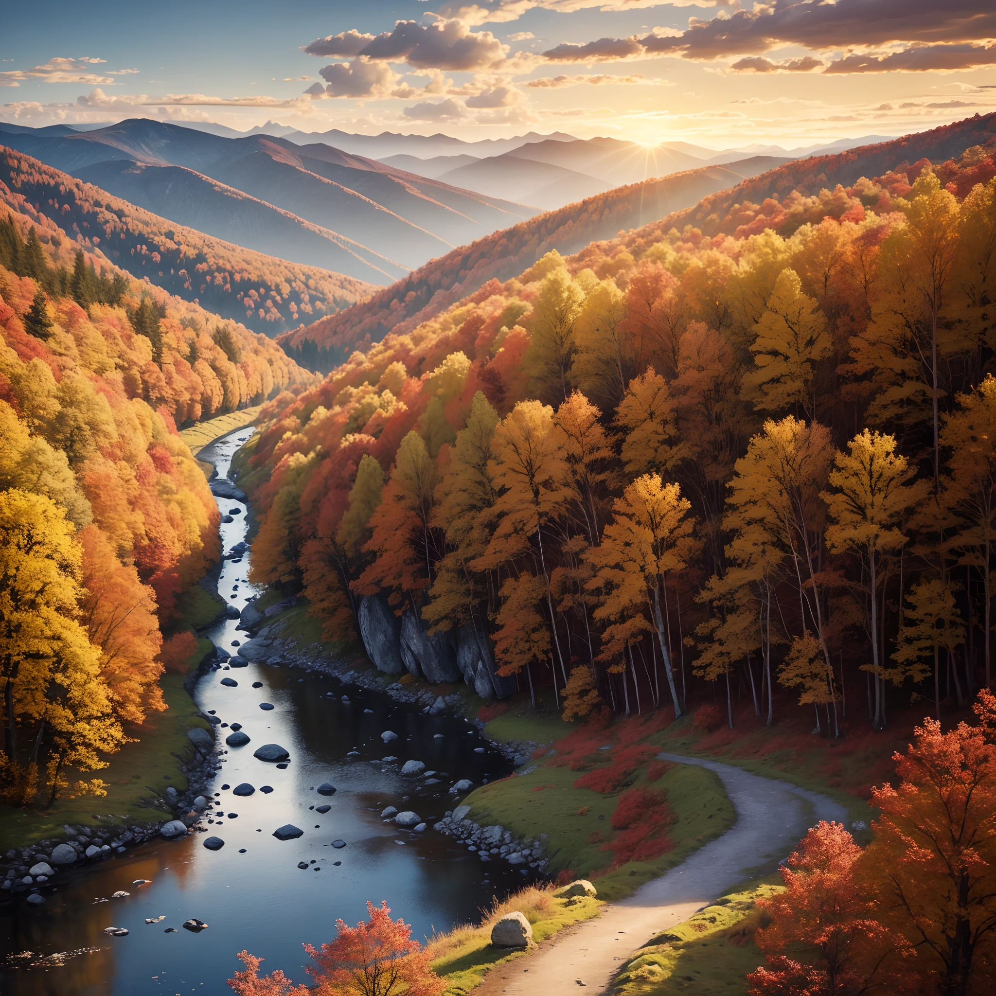 A person walks on a winding stone road in the cold mountains, White clouds linger in the distance, Indicates the presence of a secluded home. The setting is set in late autumn, The trees in the maple forest take on bright colors. The leaves were kissed by frost, Turn them crimson, Reminiscent of flowers blooming in February. The artwork should be of the best quality, The resolution is 4K or 8K, And become a masterpiece. It should be ultra-detailed and realistic, Focus on capturing the intricate details of the landscape. The artistic style should be reminiscent of traditional landscape painting, With a hint of romanticism. The color palette should be warm, With a red tint, Orange, Yellow dominates the scene. The lighting should be soft and diffused, creating a serene and peaceful atmosphere.
