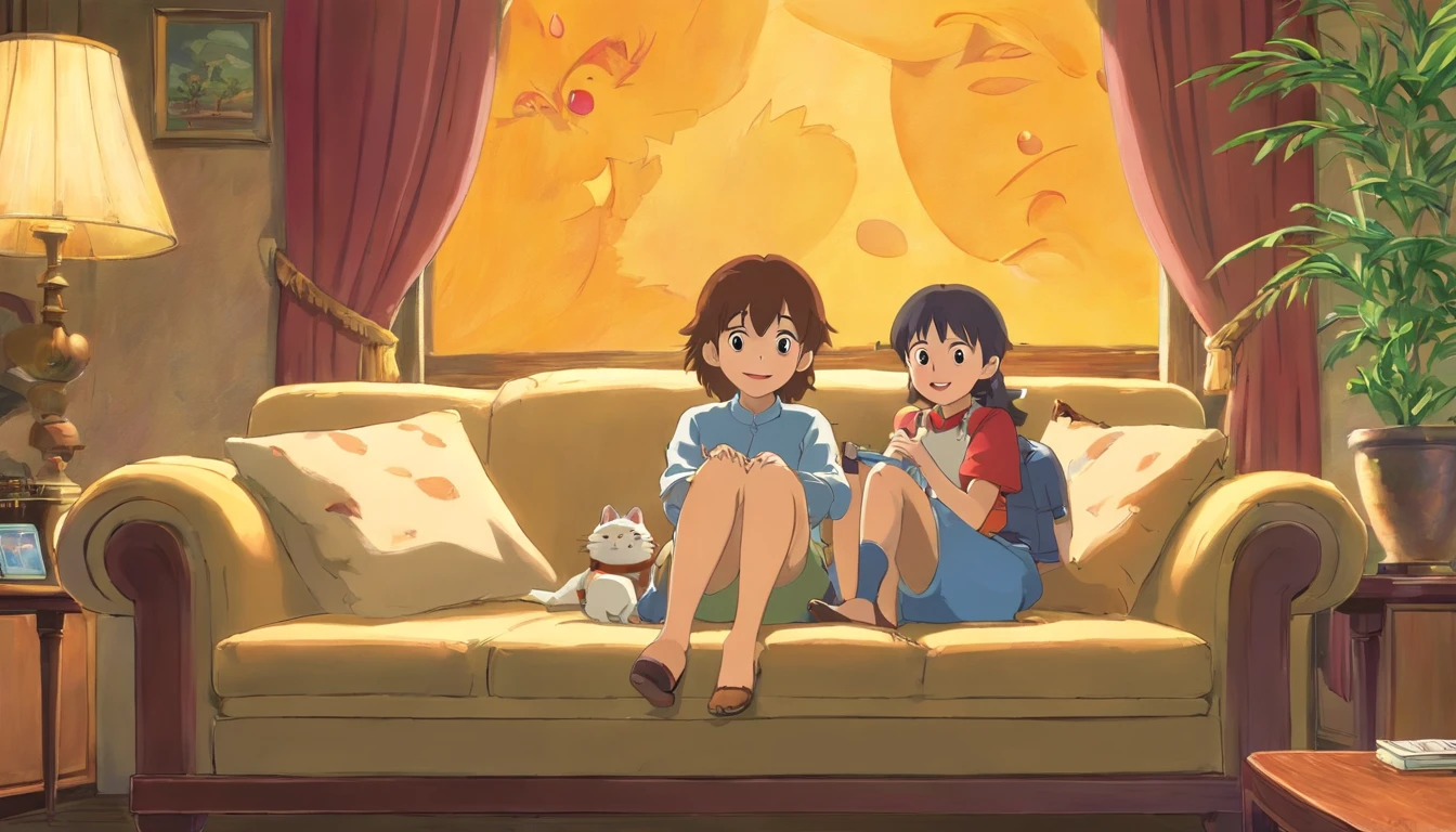 A little girl and a little boy,Lie down in bed,The full moon outside the window spilled over the room,The faces of both of them were filled with excitement,a fairy world,anime big breast,miyazaki's animated film,Studio Ghibli animated films,ghibli artstyle