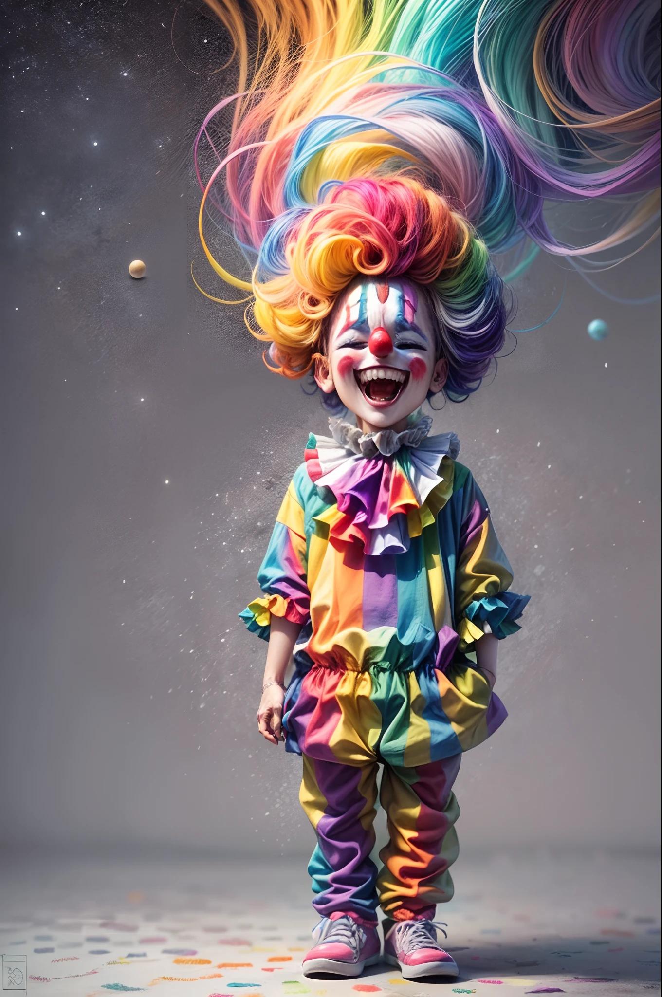 clown,sorrir, HQ, quadrinhos , roupas coloridas , arco iris (cabelos ondulados multicoloridos:1.2),(mundo psicodelico:1.4)，rainbow highlights