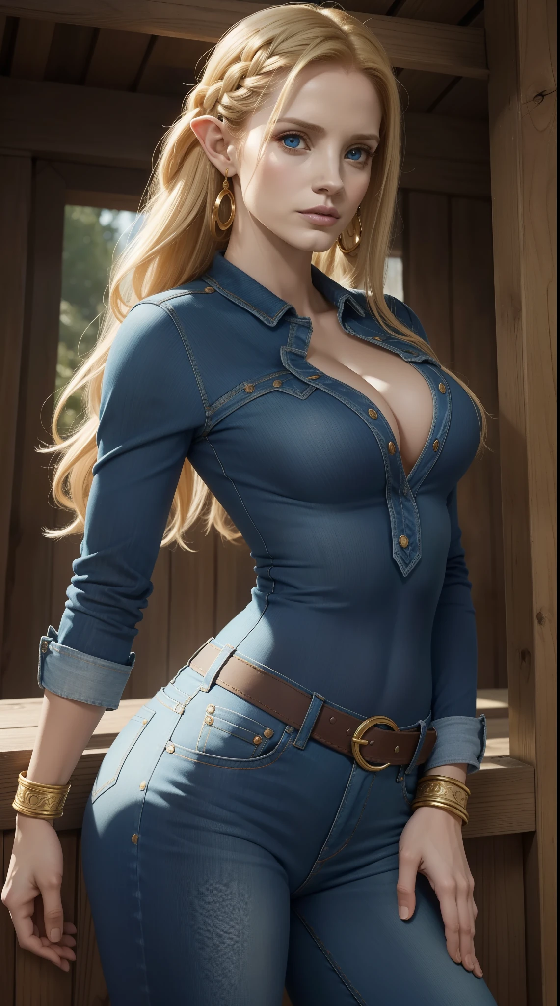 Jessica Chastain como uma loira MYTHOLOGICAL ELFA usando jeans ( tight jeans ), jeans azul, detalhes dourados, longos braceletes, cinto vermelho, golden armlets, coxas torneadas, strong facial expression, look at the camera, olhos claros, long braided blonde hair, orelhas de ELFO expostas, orelhas de ELFO expostas sob os cabelos, corpo atletico, musculatura definida, Mulher Destemida, Body position of greatness, perspectiva de corpo inteiro, Vista lateral do corpo, Imagem 64K altamente detalhada