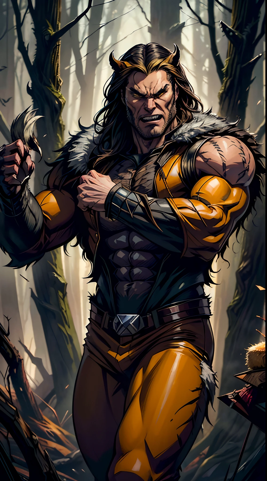 actor ((Jared Padalecki)) as ((Sabretooth)) from Marvel universe, (angry), muscular, wool, fur, (sharp and fanged teeth), (long claws), black and yellow supervillian suit, in the wood, intricate, high detail, sharp focus, dramatic, photorealistic painting art by greg rutkowski