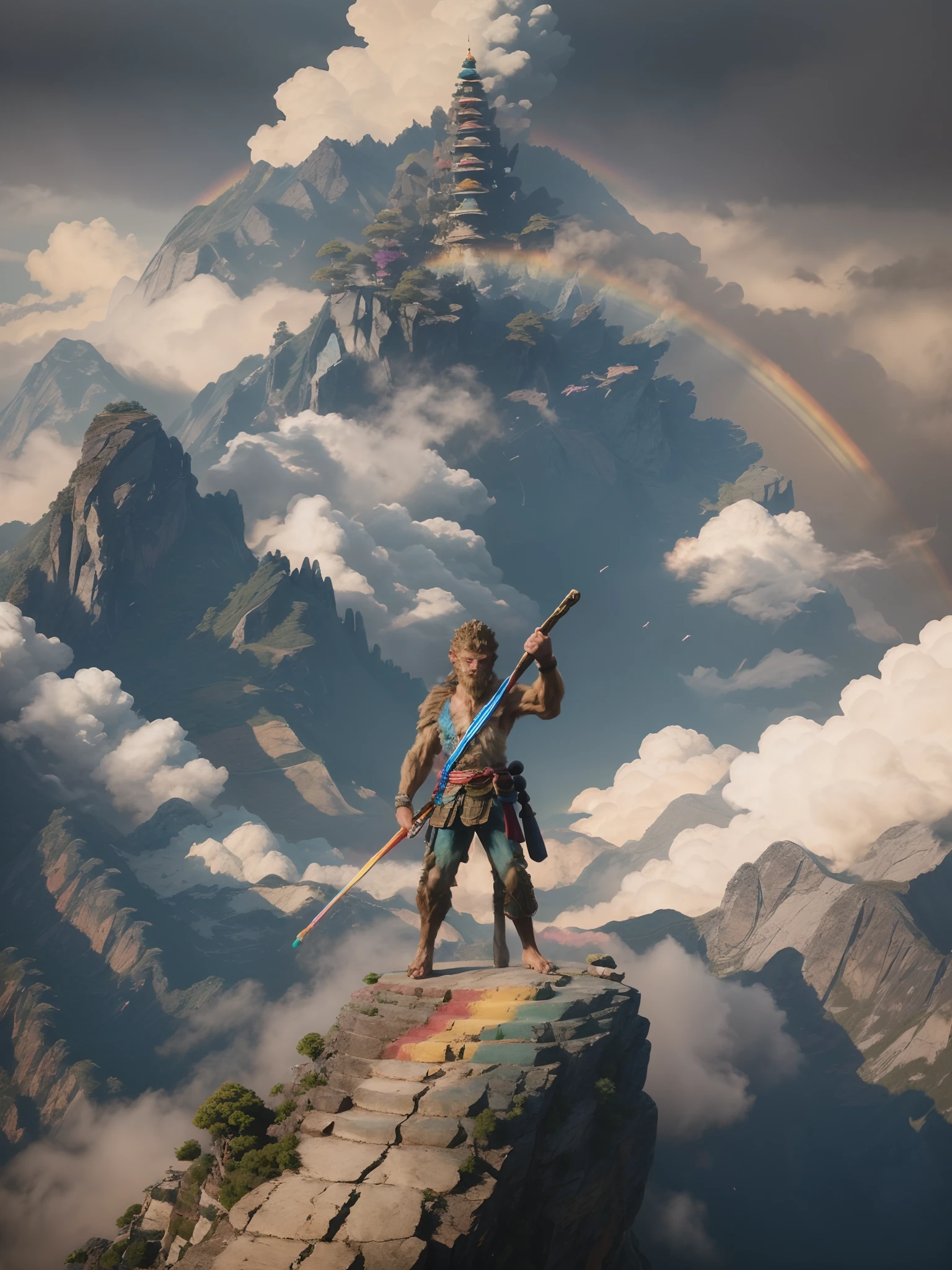 ((Masterpiece)), ((Best quality)), 8K, high detal, Ultra-detailed,A huge rainbow in the air,Wukong ,Stand atop a colorful mountain,Long sticks,The background is blue sky and white clouds