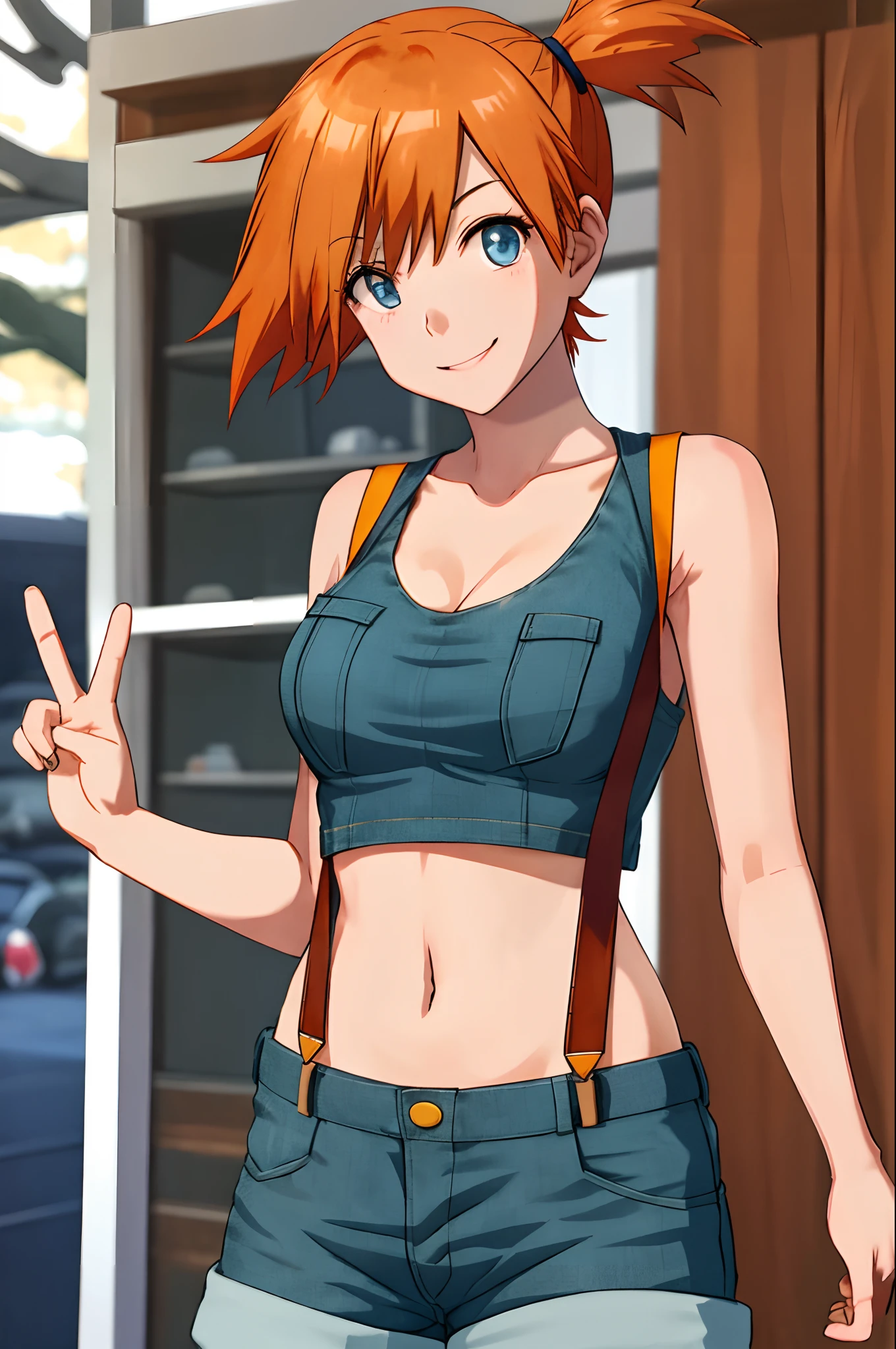 tmasterpiece，best qualtiy，cleavage，The shoulder straps slip off，Close-up shot，sportrait，A high resolution，1girll，Heavy fog（pokemmo），orange color hair，独奏，shorter pants，Harnes，side ponytails，orange color hair，hason，yellow crop top，nabel，short detailed hair，Denim，denim short，ssmile，cowboy lens，standing on your feet, peace_sign, exteriors,Large breasts