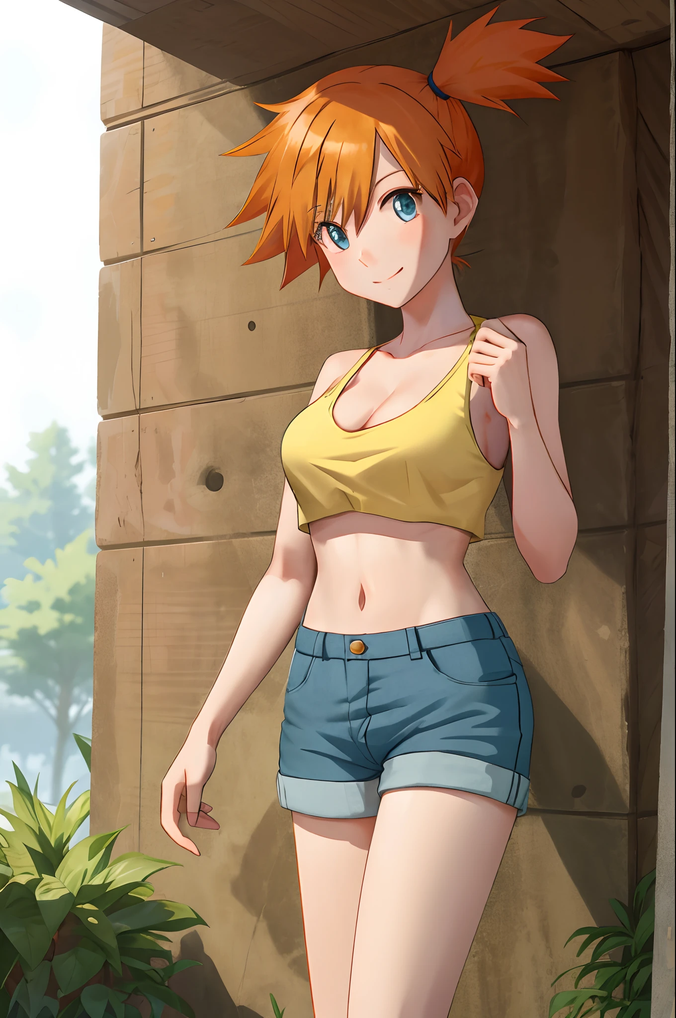 tmasterpiece，best qualtiy，cleavage，The shoulder straps slip off，Close-up shot，sportrait，A high resolution，1girll，Heavy fog（pokemmo），orange color hair，独奏，shorter pants，Harnes，side ponytails，orange color hair，hason，yellow crop top，nabel，short detailed hair，Denim，denim short，ssmile，cowboy lens，standing on your feet, peace_sign, exteriors,Large breasts