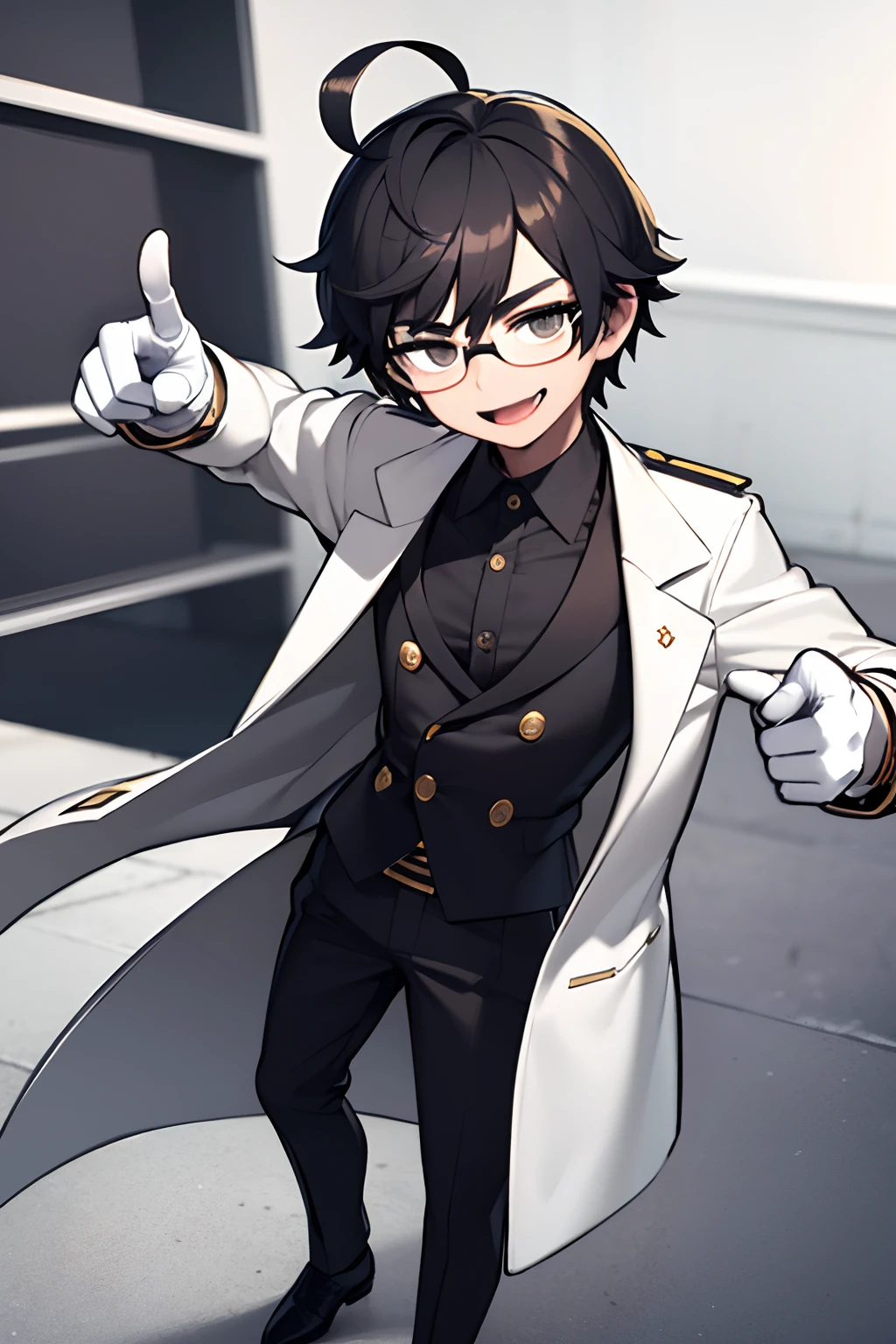 ((masterpiece, best quality)), (1boy), (solo), (male focus), (ahoge, black hair, short hair), (3d cinema glasses)) black eyes, slight smile, open mouth, ( (white coat), (buttoned coat) ), (button opening)), ((black pants), (long pants)), standing, white background, arms giving a thumbs up, dynamic angle
