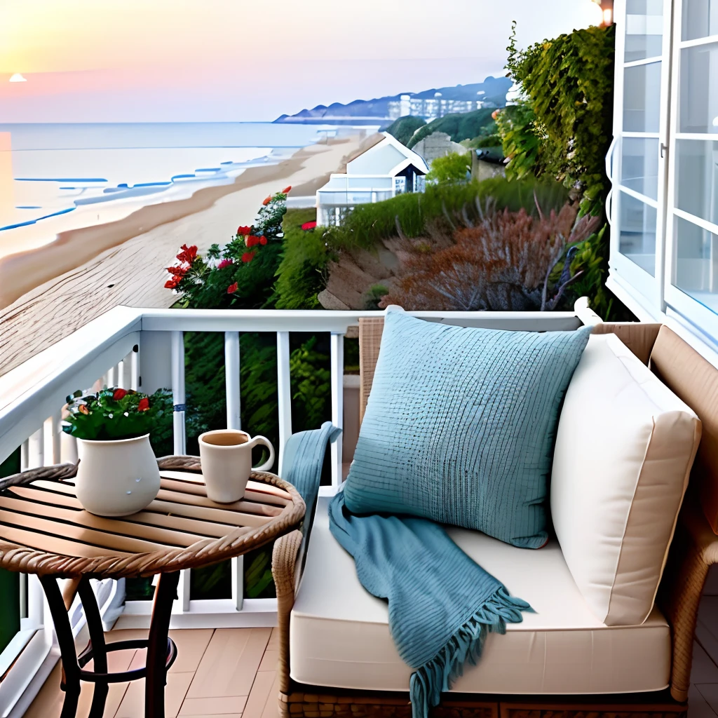 Terrace in a house by the sea, On the terrace there is an armchair and a table, There is a pillow on the chair.  There is one cup of coffee on the table. dawning