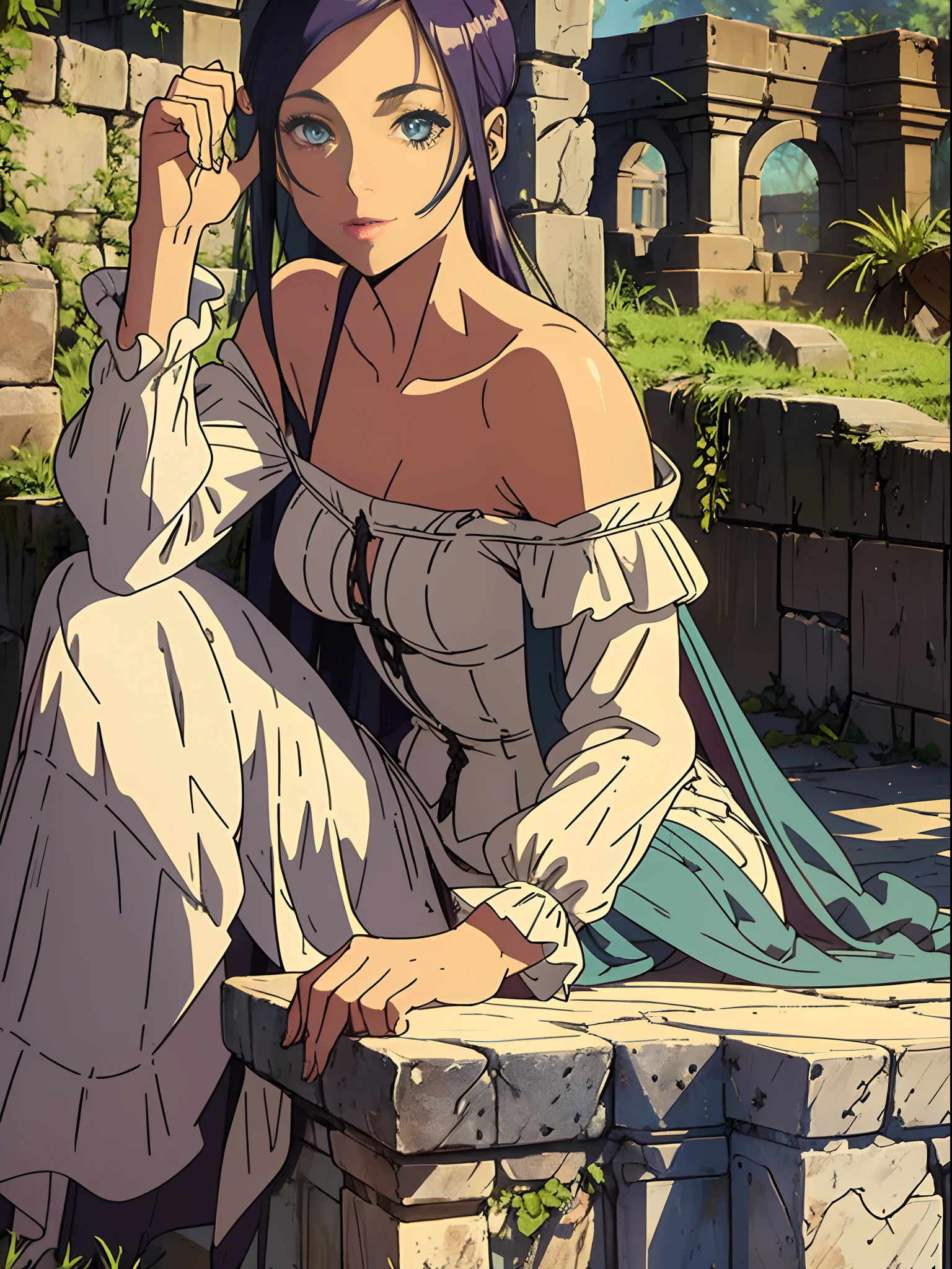 village belle sitting on a stone table, (extremely detailed face and eyes), (mature face), spread legs, , ancient ruins background, beautiful shadow and lighting, retro fashion, muted pastel colors