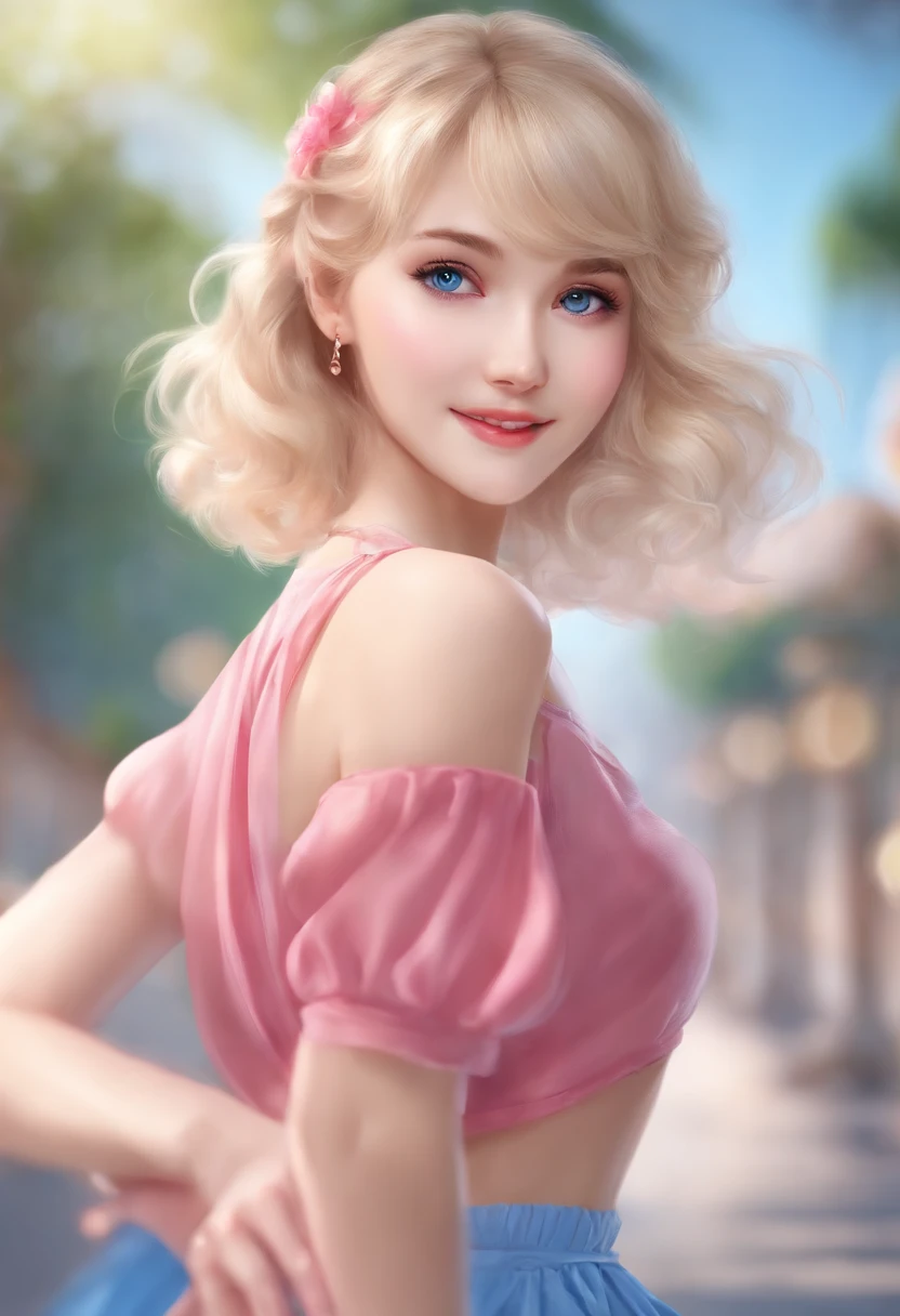 Yukiko Kseniya is dancing , in his hand there is a piece of cloth , smiling , wearing short skirt of blue and pink colour , blue eyes, blonde hair , hot and beautiful girl of 23 years old