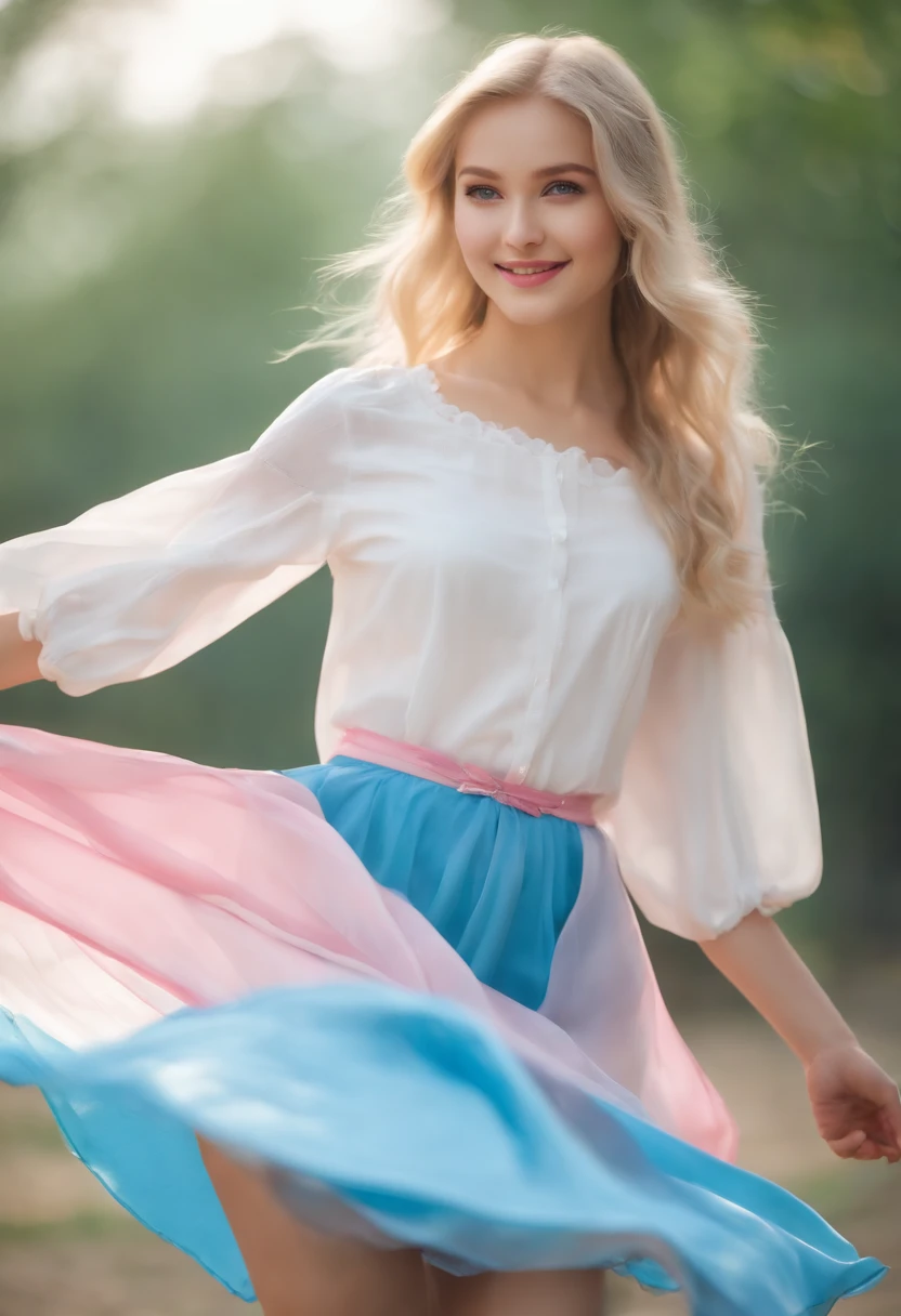 Yukiko Kseniya is dancing , in his hand there is a piece of cloth , smiling , wearing short skirt of blue and pink colour , blue eyes, blonde hair , hot and beautiful girl of 23 years old