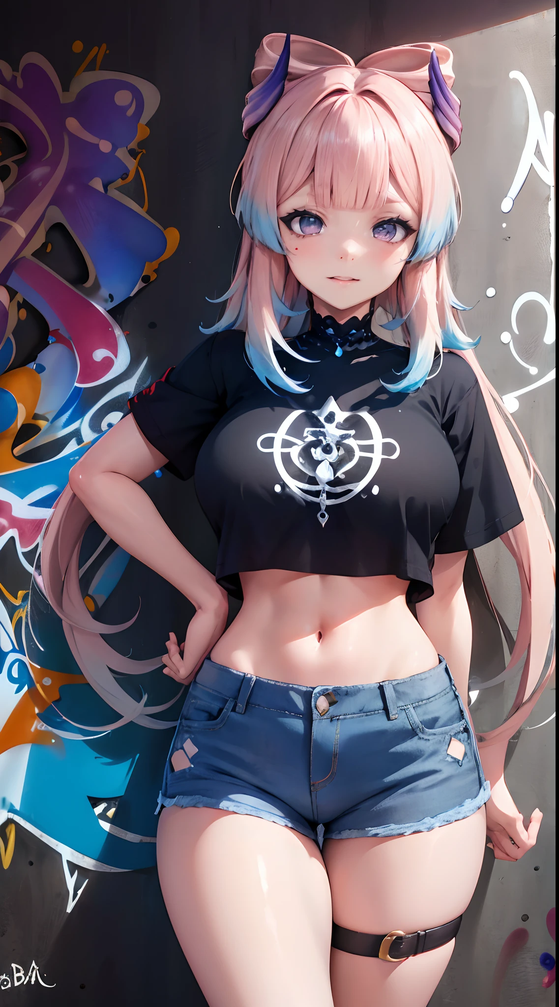 Sangonomiya Kokomi|genshin impact, master-piece, bestquality, 1girls,25 years old, shorts jeans, oversized breasts, ,bara, crop top, shorts jeans, choker, (Graffiti:1.5), Splash with purple lightning pattern., arm behind back, against wall, View viewers from the front., Thigh strap, Head tilt, bored, water eyes,