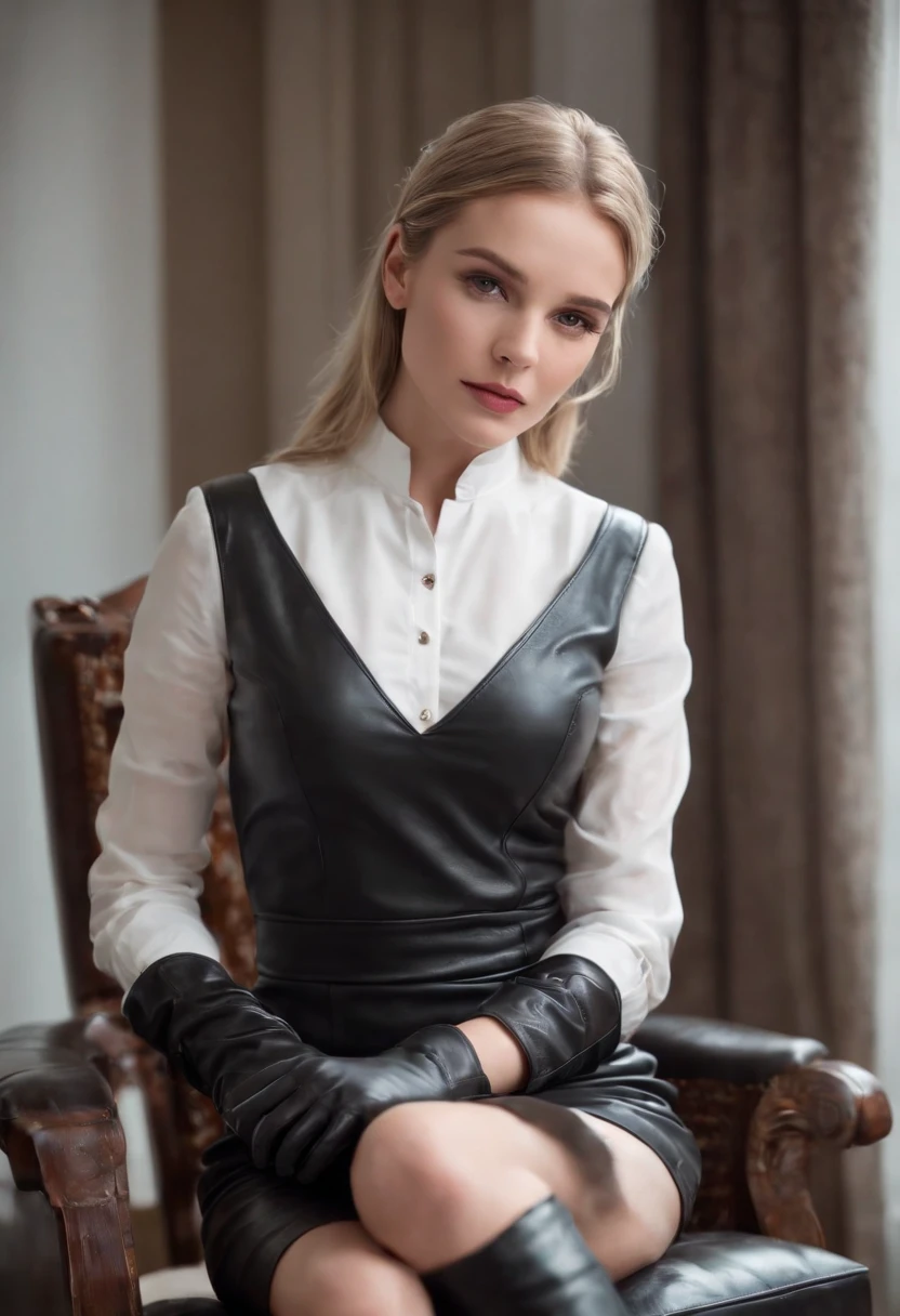 Black leather gloves with five fingers in both hands, black leather tight skirt, white blouse, black leather long boots, sit on a leather chair with her feet aligned, both hands of leather gloves are aligned on her knees, American blonde girl actress with her hair tied behind her back