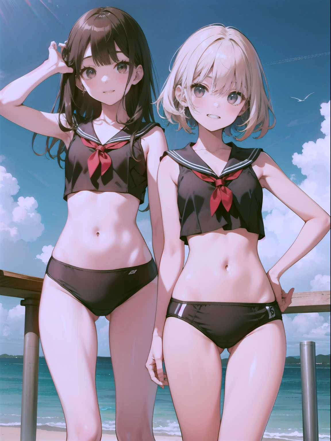 top-quality、Full limbs、complete fingers、Slender beauty、1 persons、ssmile、double tooth、embarassed expression、Sailor School Swimsuit、knee high、straighten your legs、Put your hands on your hips