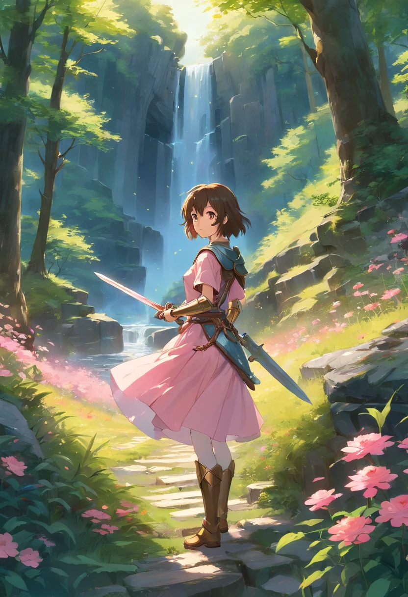(best quality,masterpiece:1.2),ultra-detailed,(painting), studio lighting, ultra-fine painting, physically-based rendering, extreme detail description, professional, vivid colors, bokeh, oil painting, fairy tale, realistic, dream-like, enchanting atmosphere, magnificent castle in the distance, majestic trees, golden rays of sunlight streaming through the branches, sparkling waterfall, pink and red flowers blooming, gentle breeze rustling the leaves, mythical creatures hidden in the shadows, moss-covered stones, romantic atmosphere, magical, ethereal, mysterious, knight wearing shining armor in distance, knight holding a sword and shield, determination in his eyes, love in the air, knight in the forest in search of his true love, pallet knife and brush strokes adding texture and depth to the painting, warm color palette with shades of, gold, and pink, soft, diffused lighting casting a romantic glow over the scene.