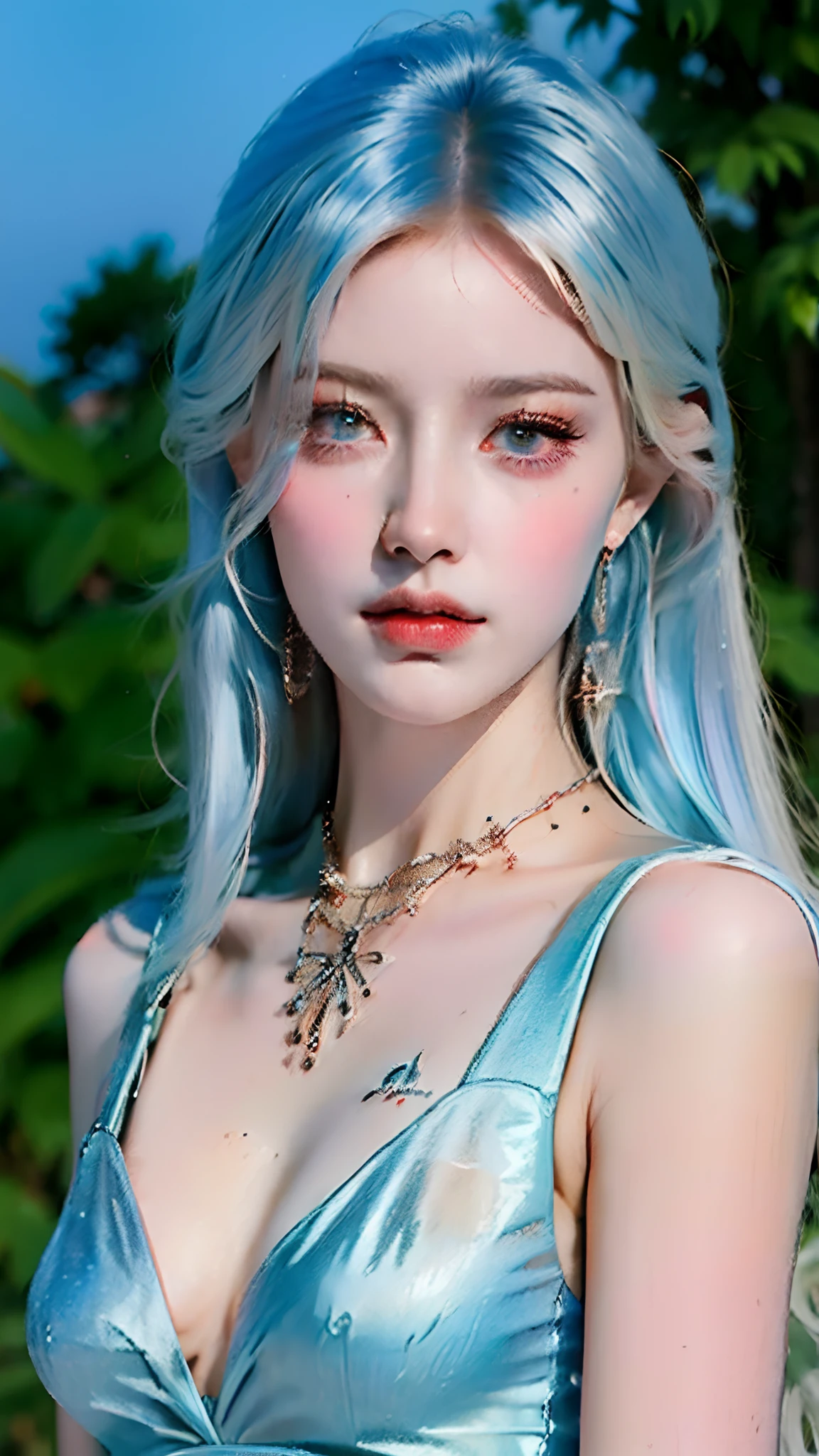 (masterpiece:1.4), (best quality:1.4), realistic, 1gril, solo, ((light blue hair)), hair ornament, long hair, blue eyes, collarbone, portrait, red lips, parted lips, (cleavage, pleated skirt), small breasts, blue nails, necklace, earrings, fashi-girl, looking at viewer, professional light, night, rain, outdoors,
