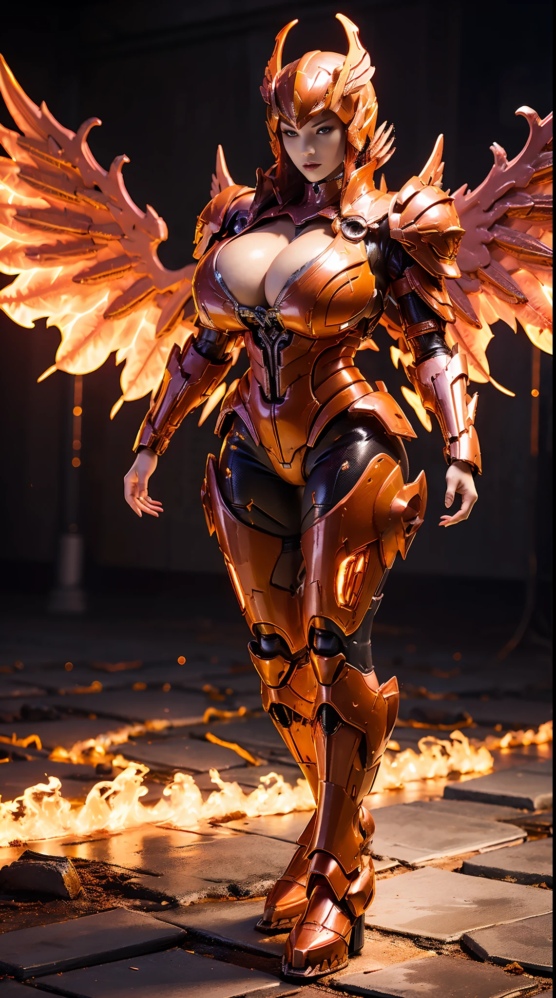 HUGE BOOBS, FIRE PHOENIX, MECHA ARMOR FULL SUIT, (CLEAVAGE), (A PAIR LARGEST WINGS), TRANSPARANT, TALL LEGS, STANDING, SEXY BODY, MUSCLE ABS.