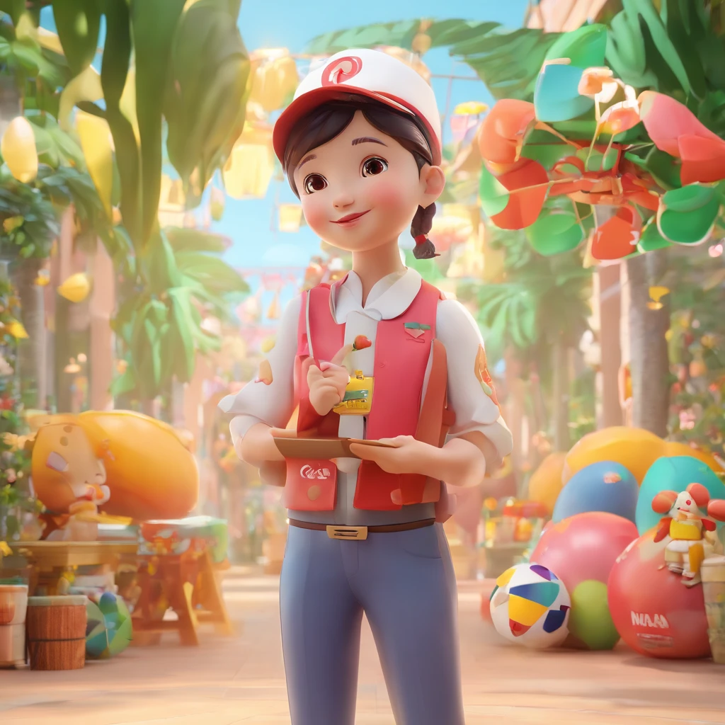 Kids tour guide IP popular mart, Bright eyes, balmy,friendliness,She's costumes,, guide, a blind box toy, Glossy and delicate,Clean background, Good gloss, a 3D render,Best quality