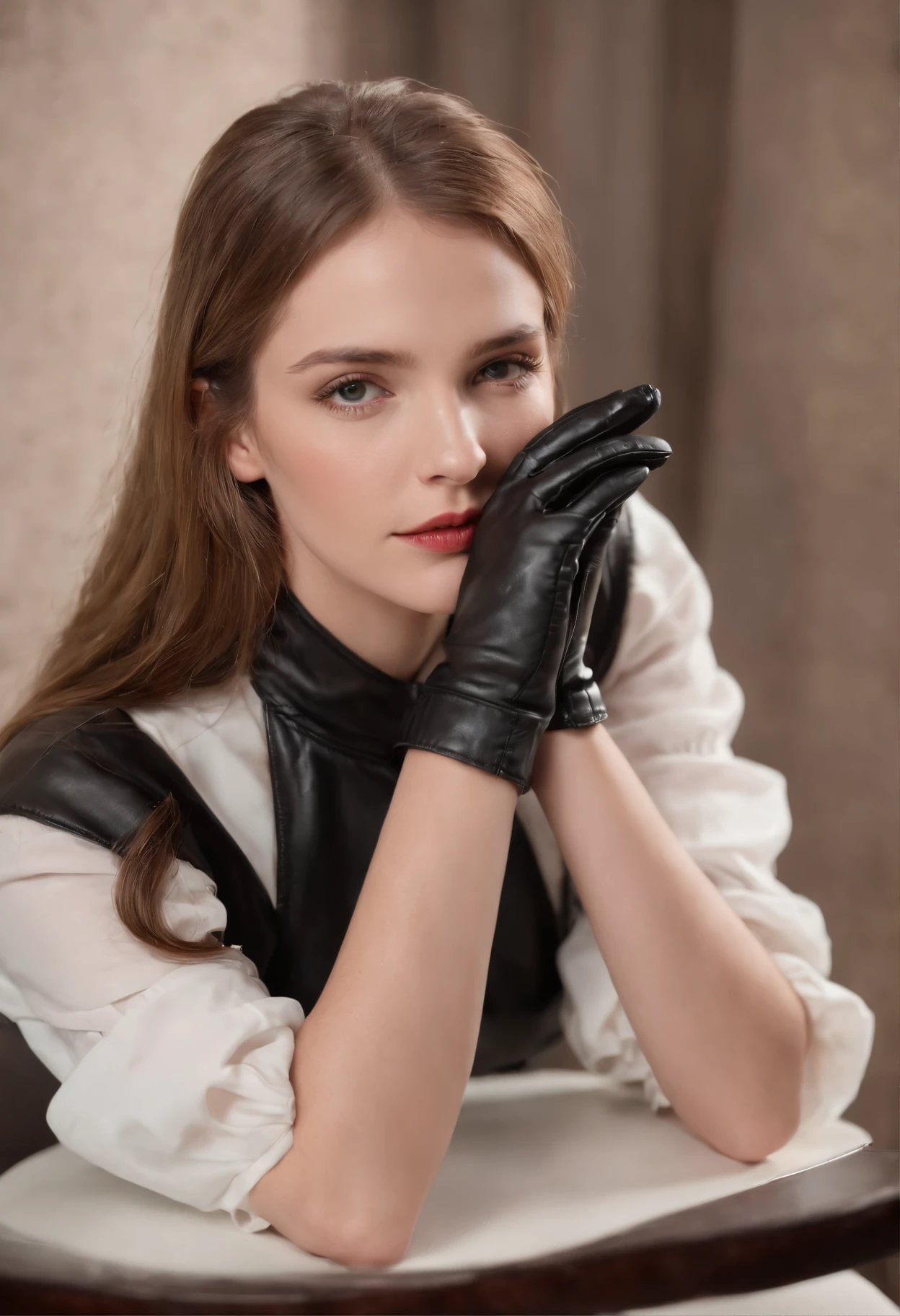 Black leather gloves with five fingers in both hands, black leather tight skirt, white blouse, black leather long boots, sit on a leather chair with her feet aligned, both hands of leather gloves are aligned on her knees, American blonde girl actress with her hair tied behind her back