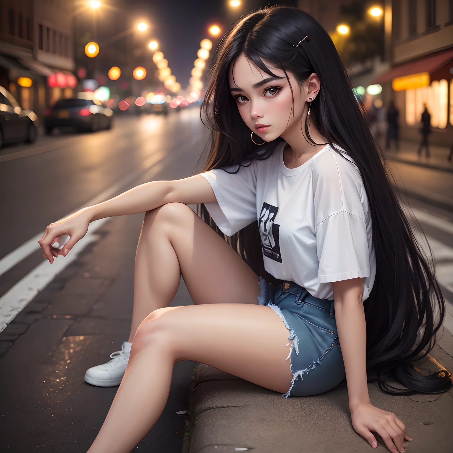 Top quality, masterpiece, ultra high definition, (Real: 1.4), Original photo, (Evening Street), 1 girl, black eyes, looking at the audience, long hair, light makeup, lips, small ears, white t-shirt, denim shorts, earrings, sitting Ferrari,, slim, neat, park