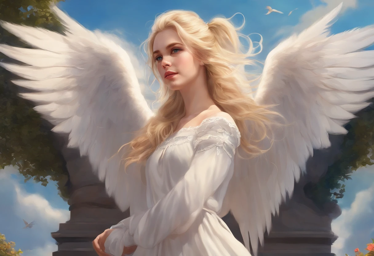 1 girl, blonde hair, ponytail, angel girl, blue sky background, masterpiece,