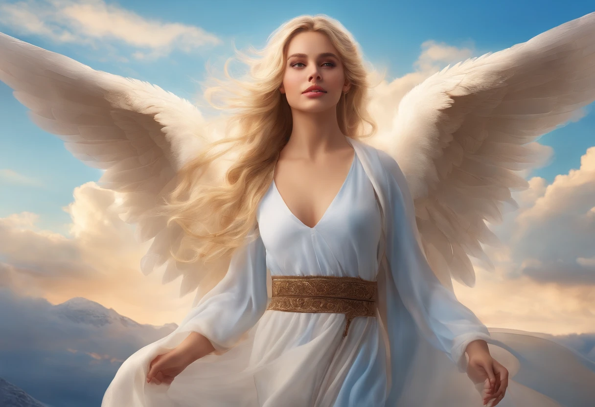 1 girl, blonde hair, ponytail, angel girl, blue sky background, masterpiece,