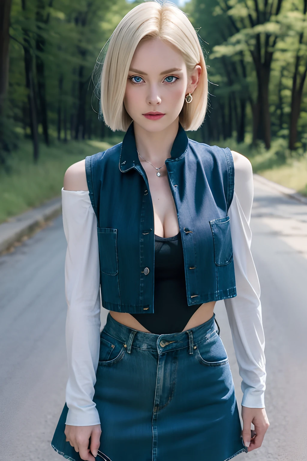 best quality, highres, and18, 1girl, android 18, solo, blonde hair, blue eyes, short hair, earrings, jewelry, denim vest, open vest, black pantyhose, black shirt, denim skirt, striped long sleeves, blue skirt, medium breasts, cowboy shot, street,  (Externally expanded Chest:1.2), (Strapless:1.2), off-the-shoulder, bent over, forest