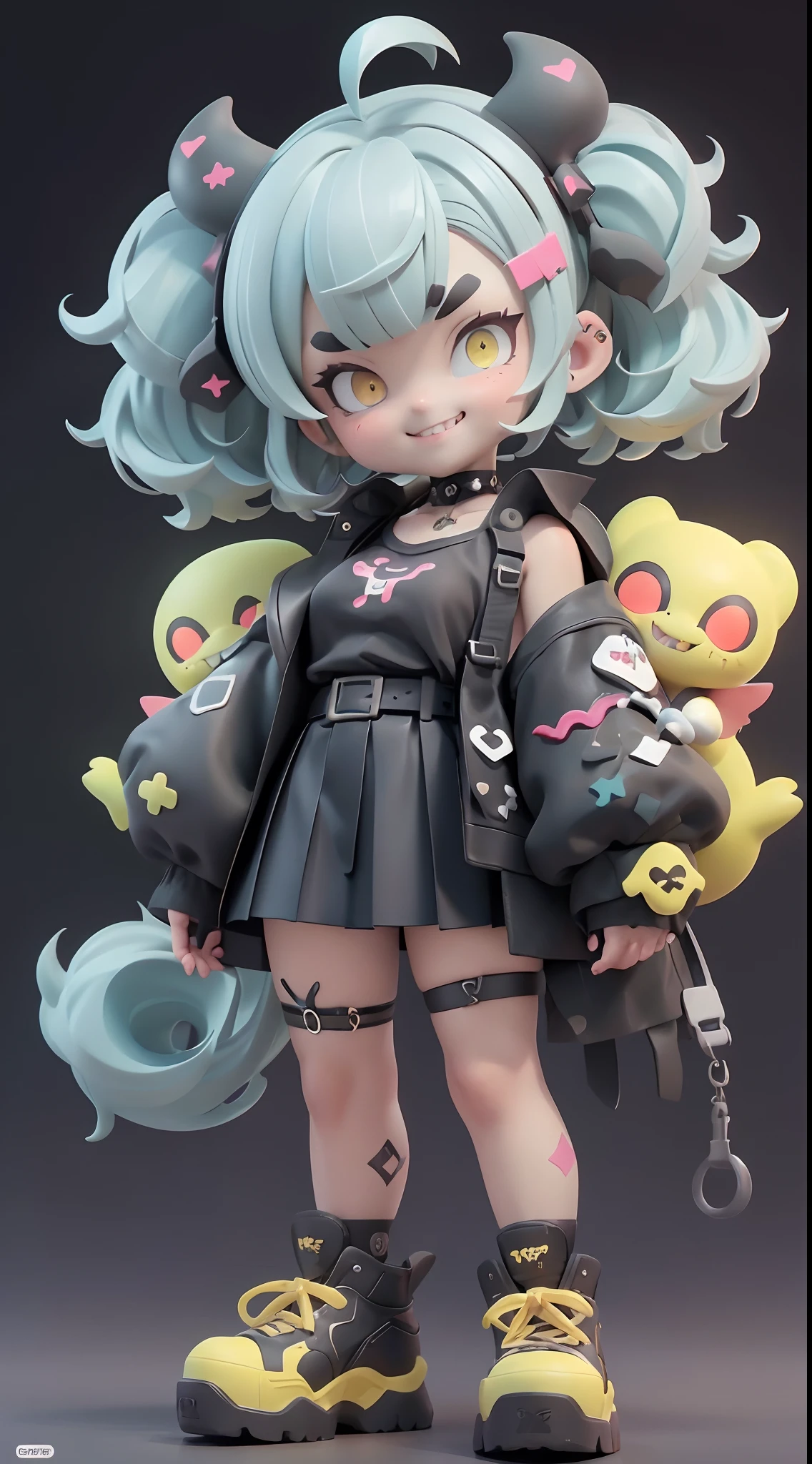 Cute  wrapped in clear plastic, Chibi, blue hair, ((Medium short hair)), ((messy Hair)), (Short hair), (((Unkempt hair))), ((big sized short twin tails)), ((diagonal bangs)), Yellow eyes, slant eyes, ((X-shaped pupils)), ((thick eyebrows)), fangs out, open mouth, (((grin smile, fangs))), ((black short sleeve shirt)), black pleated short skirt, spike choker, spike leg ring, black shoes, yellow belt, huge breasts, Candy Color, Simple and light background, 3D toy, Cyberpunk style, cinema4d, Octane Render, 3Dmodel, Collectible toys,nendoroid,Street style,Pixar,Big shoes , fashion trend, close-up, Full Body --ar 2:3 --niji 5 --q 2 - s 100 - expressive style --s 2