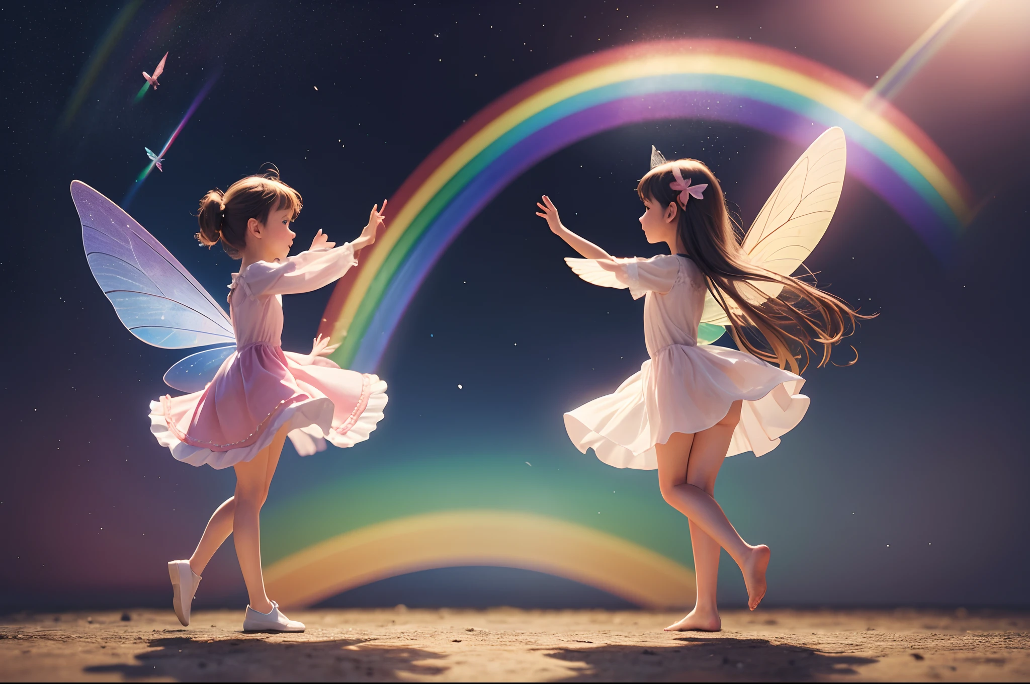 Girls and fairies with delicate wings, dancing, big rainbow as background, children's book illustration, 3d, whimsical, funny.