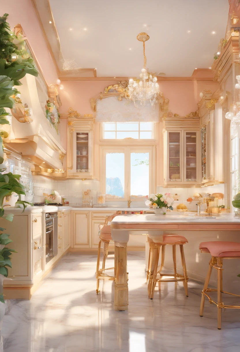 Masterpiece, Modern kitchen space, Luxurious, Noble interior design, Royal Space, ((Super detail :1.3))), Neoclassical style design, Neoclassical interior Modern fusion, Kitchen interior space with table and chairs, Kitchen details, Luxurious aristocratic neoclassical kitchen interior, Luxury marble kitchen floor, Kitchen interior, In the kitchen on a summer morning, Island, illustrated starbucks interior, White, Gray glossy floor ((1.2)), People sitting in cafes and service staff (((1.3)))