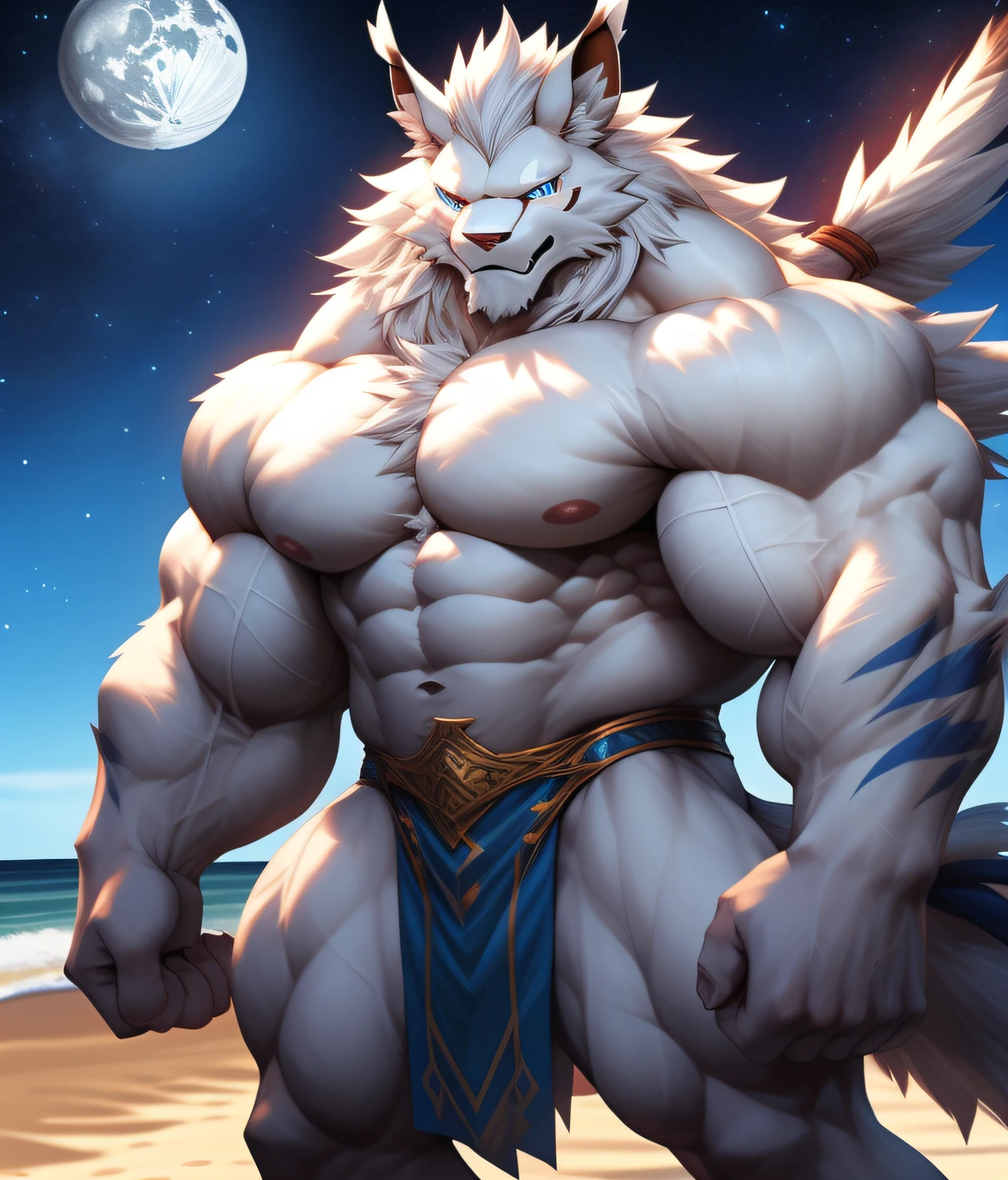 PRO competitive bodybuilder, nj5furry, ( albino, Leomon, massive, huge, muscular), albino Leomon, ((extremely realistic shadows, masterpiece, extremely detailed, photorealistic)), kemono, looking at the viewer, ((FRONT)), silver mane, Leomon albino, ((detailed face)) red nose, blue eyes, ((detailed eyes)), white skin, white fur, white hair, height 3 meters high, the optimal height, tight clothing, 190 kg,  body full of huge muscles; bulge in the crotch, muscle and bulge pecs, ripped abs, V-shaped body, thick waist, long legs, strong arms manly, handsome face, attractive cool calm face type with a kindsmile, topless. Beach, night, moon, moon rays, nebula; he wears a blue and white cloth ornament loincloth revealing huge muscular thighs. ((illuminated)) He has an aura of wisdom and tranquility around him, although he has a kind smile, his eyes have some sadness.