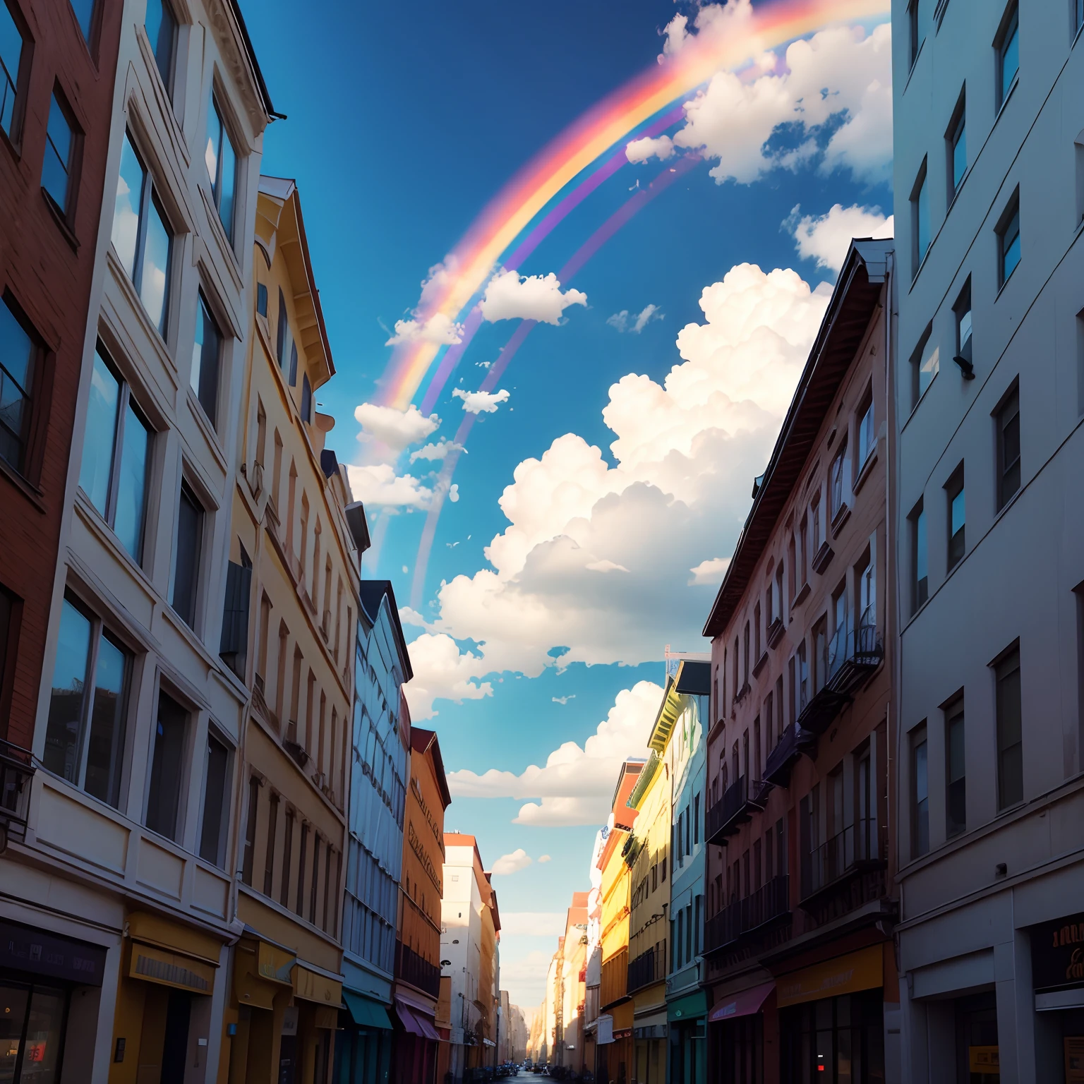Rainbow in the sky over the building street