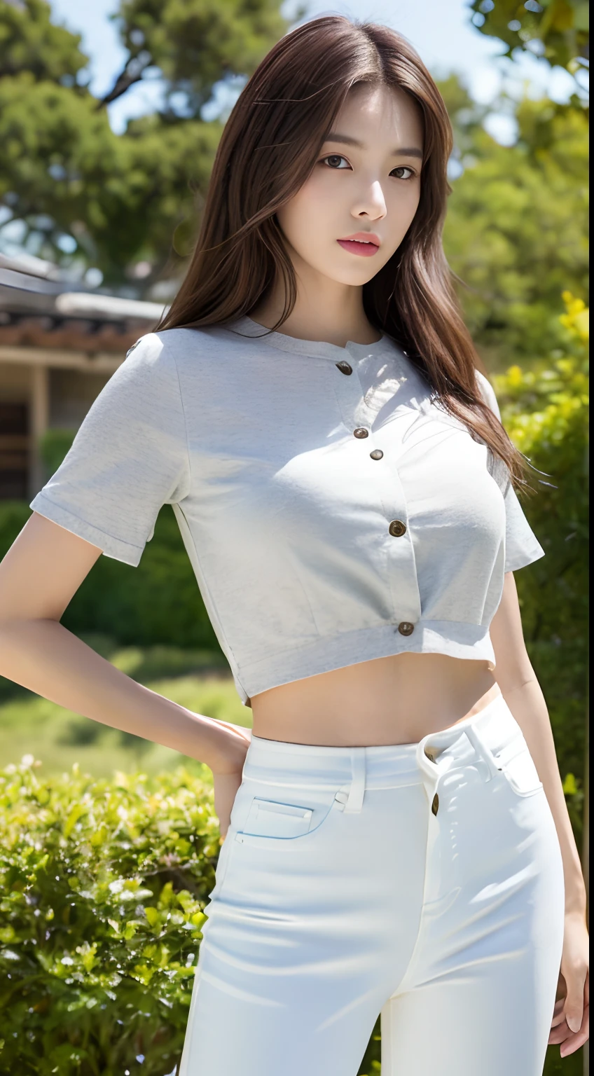 ((Best Quality, 8K, masutepiece :1.3)), Sharp Focus :1.2, A pretty woman with perfect figure :1.4, Slender Abs :1.2, ((dark brown hair,breasts :1.2)), (White Long Formal Shirt)(Shirt button closure.), greybackground:1.2, Highly detailed face and skin texture, Detailed eyes, 二重まぶた,Fashion Model Posing,Cowboy Shot,White pants,The tree々Sunlight passing between,