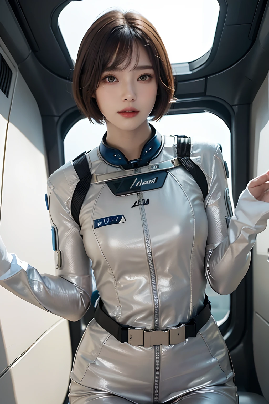 top-quality、masterpiece、超A high resolution、(realisitic:1.4)、Beautuful Women1、Beautiful detail eyes and skin、ssmile、Light brown short-cut hair、The perfect spacesuit、spaceships、Inside the spacecraft、macrocosm、