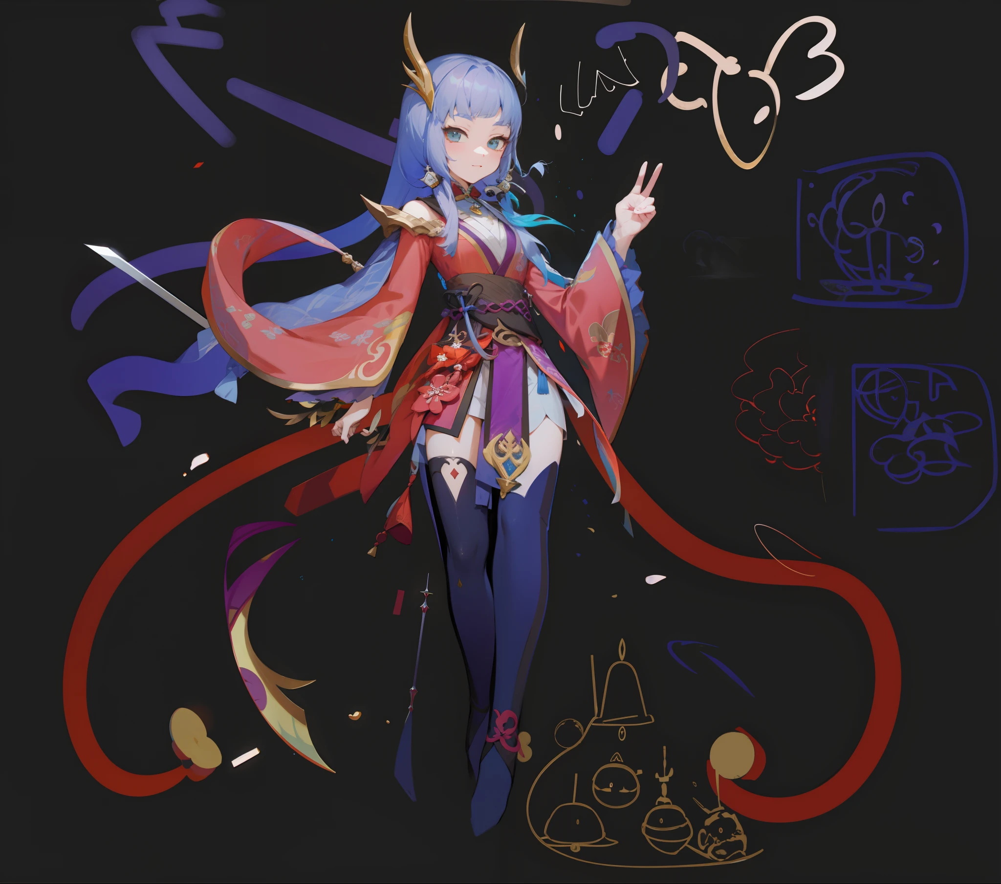 Anime characters with a sword and a cat on black background, Onmyoji detailed art, onmyoji, full-body xianxia, Keqing from Genshin Impact, zhongli from genshin impact, [ Character design ], Ayaka Genshin impact, [ conceptual art ]!!, touhou character, G Liulian art style，Girl，Exquisite facial features，Light and shadow details，adolable