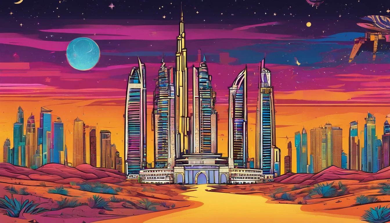 Dubai architectural style, Desert background, the night, starrysky, grand, Surrealism, masterpiece, highres, 16k, super detail, ccurate, highres, high details