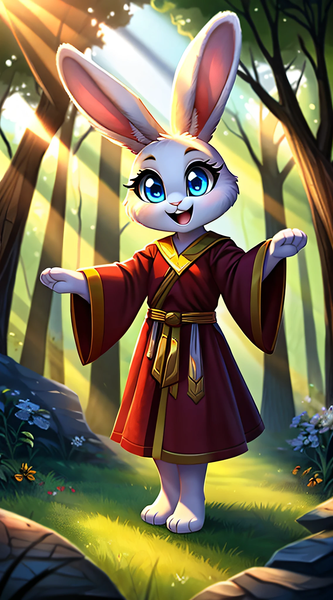 zoomed out image, fantasy style art, cute, adorable, short character, small, tiny little fluffy female white bunny with blue eyes, large poofy rabbit tail, big floppy ears, long ears, ears perked up, raised ears, long eyelashes, wearing fancy red robes, smiling, standing in a forest, big expressive smile, open mouth, wide eyes, excited eyes, excited face, stunning visuals, sunrays through the trees, digital illustration
