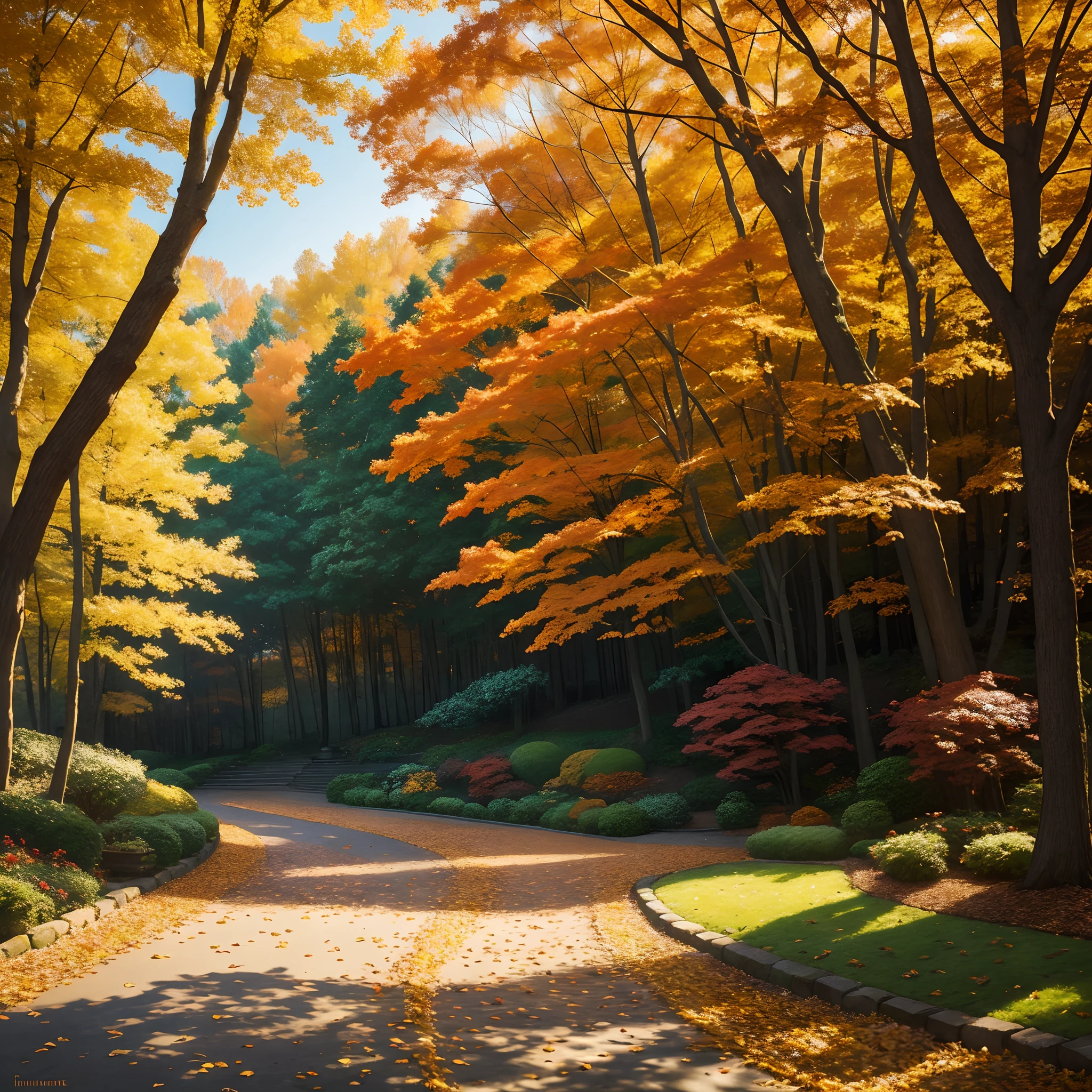 Autumn landscape,Beautiful gold leaf,Shadows fall,prime time,Soft lighting,Peaceful atmosphere,serene environment,serene gardens,Falling leaves,Gentle breeze,impressionist drawing,Rich textures,a warm color palette,Vivid red and orange,The subtle play of light and shadow,Detailed brush strokes,enchanting landscape,Quiet solitude,Magical atmosphere,Whispering style,Majestic trees,Fresh air,Color heaven,The leaves rustle,Evoke nostalgia,Harmony with nature,Splendid beauty,Spectacular views,Dancing leaves