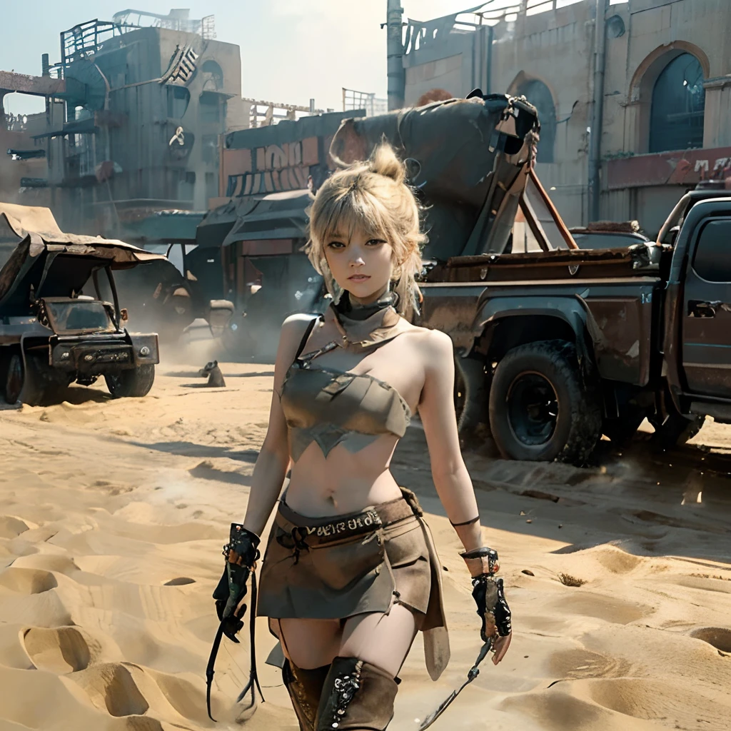 Highly detailed face、4K,8K,masuter piece、NSFW、((Punkish Girl))、The wind is blowing、Well-formed face、Girl Naked、barechested、((Nothing is worn))、fullnude、Naked 、fullnude、8Head and body、a small face、A slender、Very skinny、skinny、tiny chest,Ribs、discreet breasts、Smaller chest、small tits、beauty legs、Constricted waist、dented belly、Model body type、Beautiful hair、Backgrounds that look like real photos、(((Head-to-toe frame-in)))、outside of house、(((One leg is a thigh boot)))、(((Thigh strap for only one leg)))、((walking away))、Happy face、(((Wearing a dog collar)))、A devastated world、century、Decadent world、Ruins after a nuclear war、madmax、Wasteland、Sand and dust、Fighting tribes、tribe、((((Modified Trucks)))、G-Shock、((((baddest))))、((opposition party))、thief、Fine dust、、((Collage of 3 divisions))、(((Sand and dust)))、Skin without reflections、run、wasteland、Rough stuff
