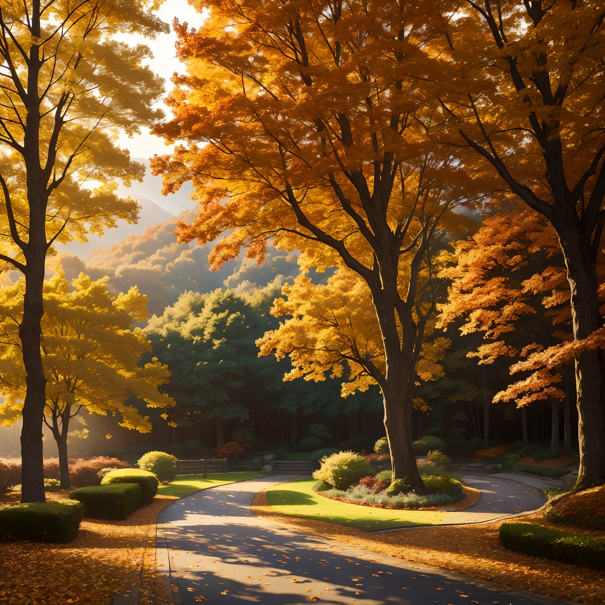 Autumn landscape,Beautiful gold leaf,Shadows fall,prime time,Soft lighting,Peaceful atmosphere,serene environment,serene gardens,Falling leaves,Gentle breeze,impressionist drawing,Rich textures,a warm color palette,Vivid red and orange,The subtle play of light and shadow,Detailed brush strokes,enchanting landscape,Quiet solitude,Magical atmosphere,Whispering style,Majestic trees,Fresh air,Color heaven,The leaves rustle,Evoke nostalgia,Harmony with nature,Splendid beauty,Spectacular views,Dancing leaves