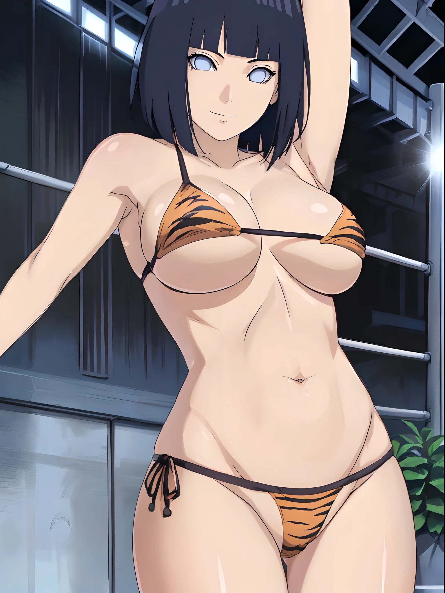 (4k, no angle view, portrait, best quality, cowboy shot), (ultra detailed body, curvy), ((solo, 1 girl)), anime style, hires, ((white background)), (hinata\(boruto\), (female wrestler), (slender body, broad shoulders), (mature woman, milf), (tigress, micro bikini, ultra detailed pro wrestling gear, long gloves, long boots), (extremely gorgeous), (tilt head, seductive look, ((seductive pose, armpit, stretching)), seductive face, seductive expression, (sexy expression), smile, closed mouth), (pale skin, shiny skin, lighting and shadow), (dark blue hair color:1.1), wavy hair, ((short hair, hime cut, (floating hair)), (big breasts, defined breasts), ((detailed arm curves, slightly strong)), (long belly, bruised belly), (very seductive), (perfect eyes, anime eyes)