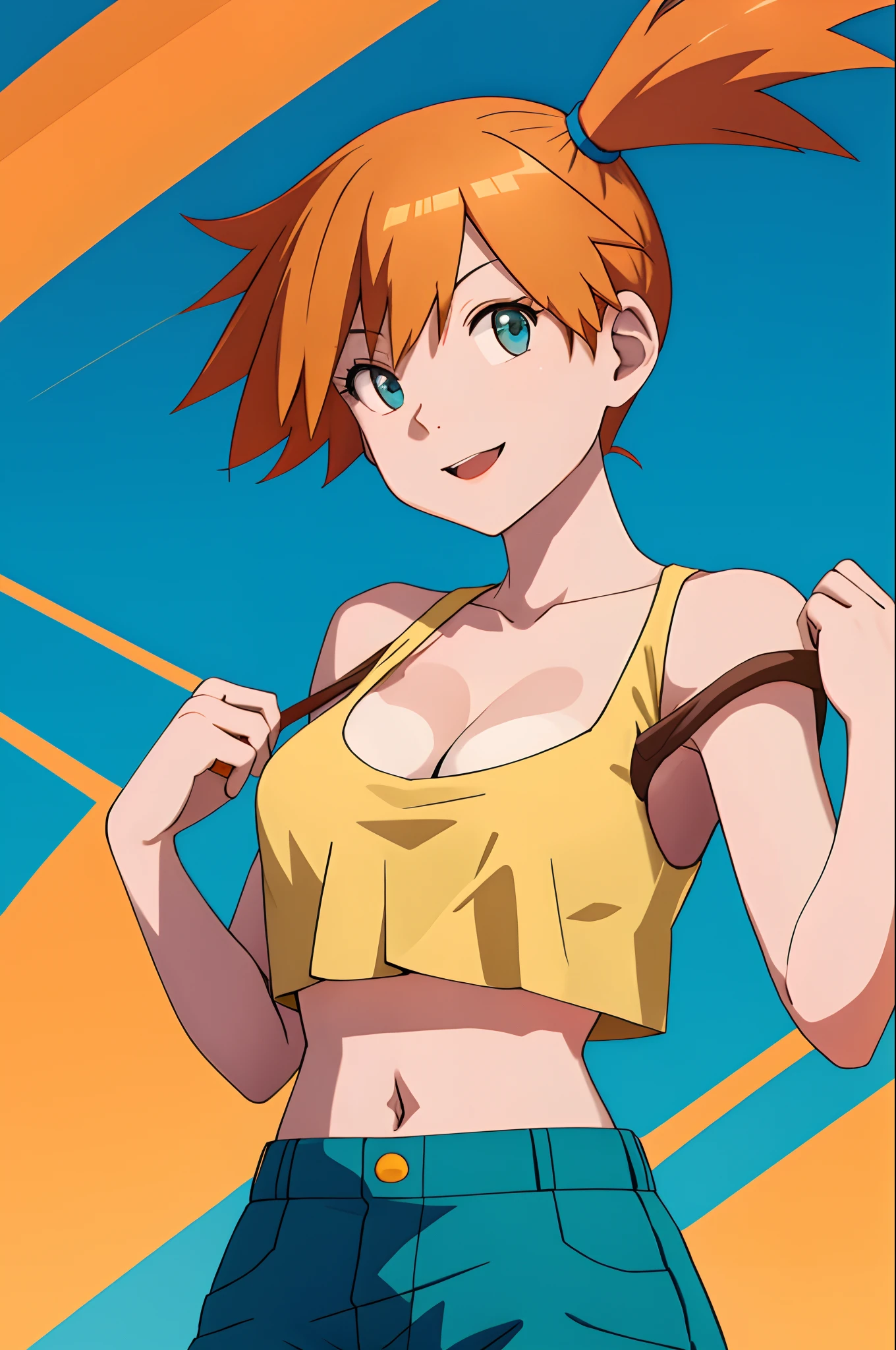 tmasterpiece，best qualtiy，Large breasts，cleavage，（The shoulder straps slip off)，sportrait，A high resolution，1girll，（pokemmo），orange color hair，独奏，shorter pants，Harnes，side ponytails，orange color hair，hason，yellow crop top，nabel，short detailed hair，ssmile，grassy fields