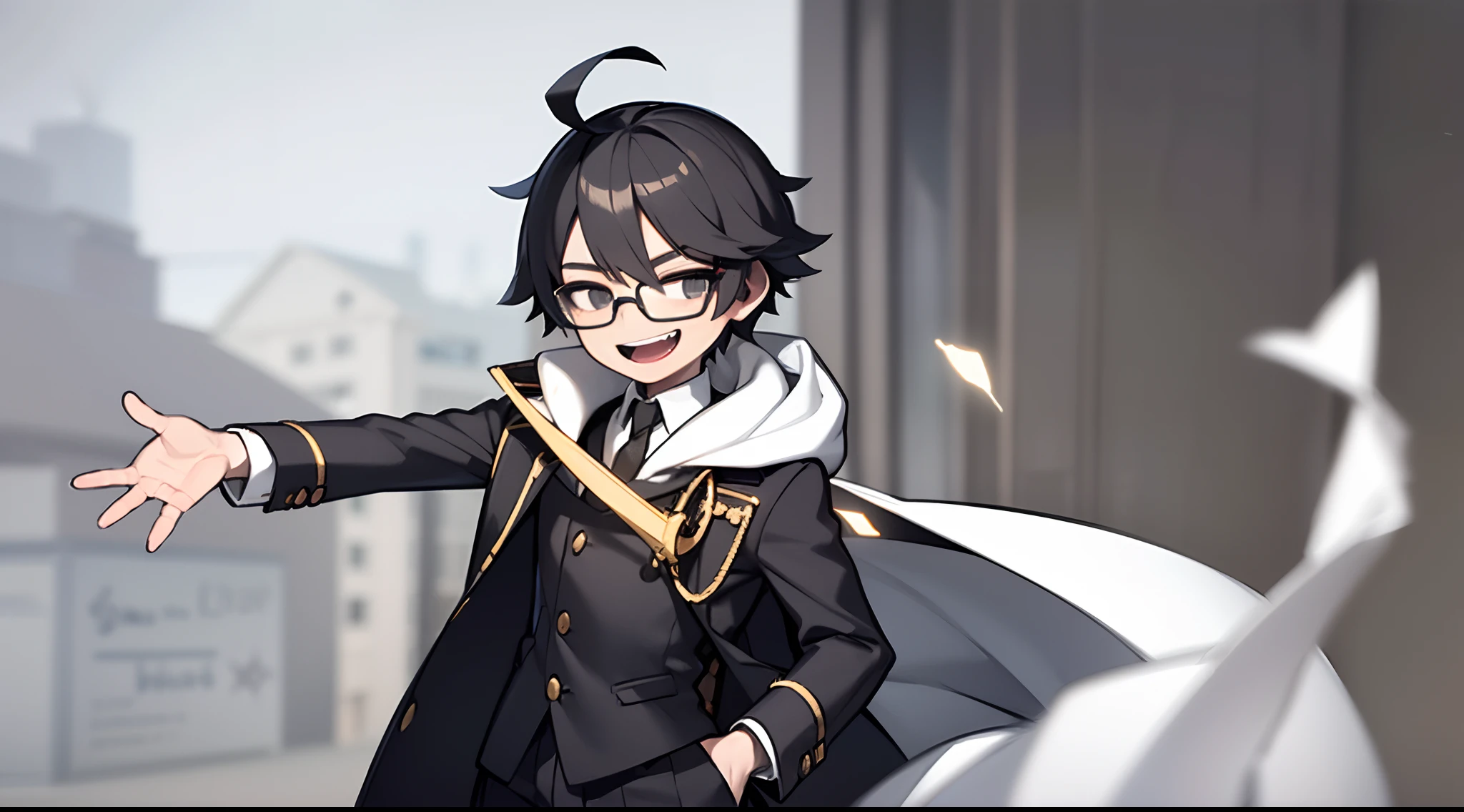 ((masterpiece, best quality)), (1boy), (solo), (male focus), (ahoge, black hair, short hair), (3d cinema glasses)) black eyes, slight smile, open mouth, ( (white coat), (buttoned coat), (button opening)), ((black pants), (long pants)), standing, white background, laughing, holding popcorn, dynamic angle