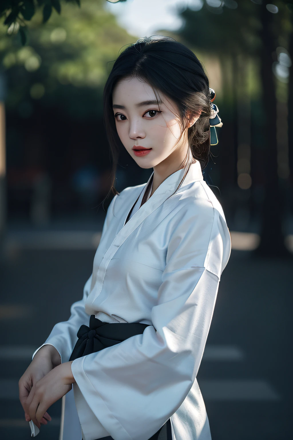 (Fidelity: 1.4), ((Black Hanfu)), Big Sleeves, Small Rings, Kan Tashi, Mole Under Eyes, Denim Lens, Bokeh, Perspective Shortening, Negative Space, Chiaroscuro, Depth of Field, Ray Tracing, Masterpiece, Anatomically Correct, Textured Skin, Best Quality, 8K, Ultra HD, Ccurate