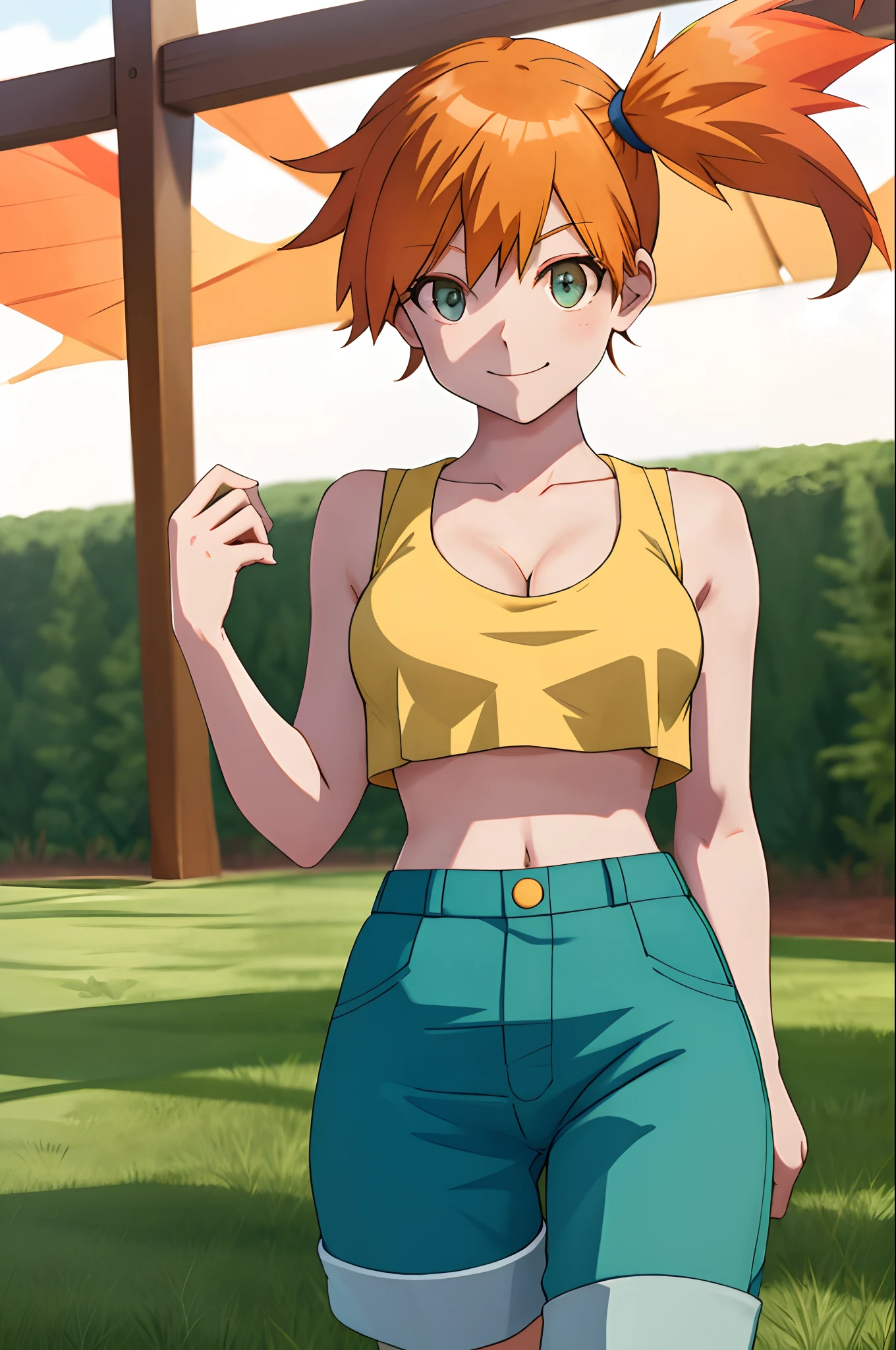 tmasterpiece,best qualtiy,Large breasts,cleavage,(The shoulder straps slip off),sportrait,A high resolution,1girll,(pokemmo),orange color hair,独奏,shorter pants,Harnes,side ponytails,orange color hair,hason,yellow crop top,nabel,short detailed hair,ssmile,grassy fields