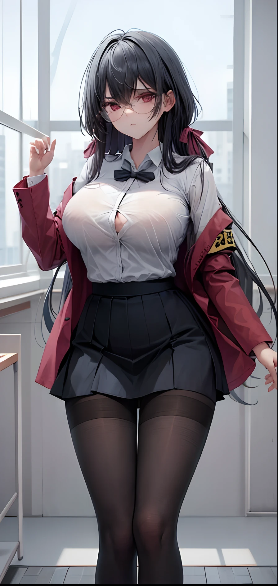 1girl,huge breasts, pantyhose, very long hair,open jacket,white shirt, closed shirt,skirt, standing, sadistic expression, emotionless, no mercy, annoyed, disgusted look, psycho expression, pink eyes, modern classroom, window, modelling, low angle, from below